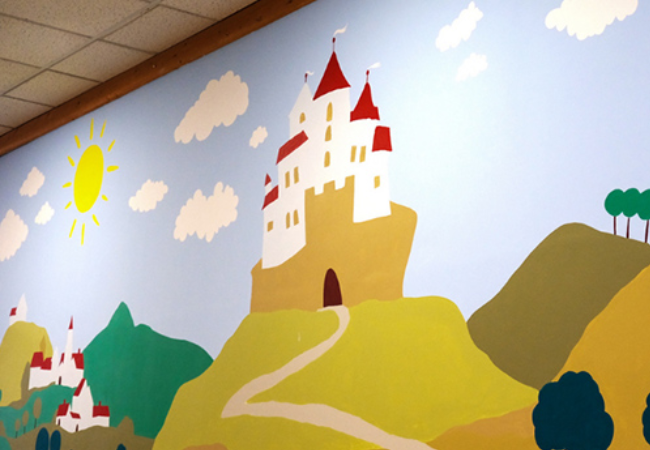 Mural of castle on wall