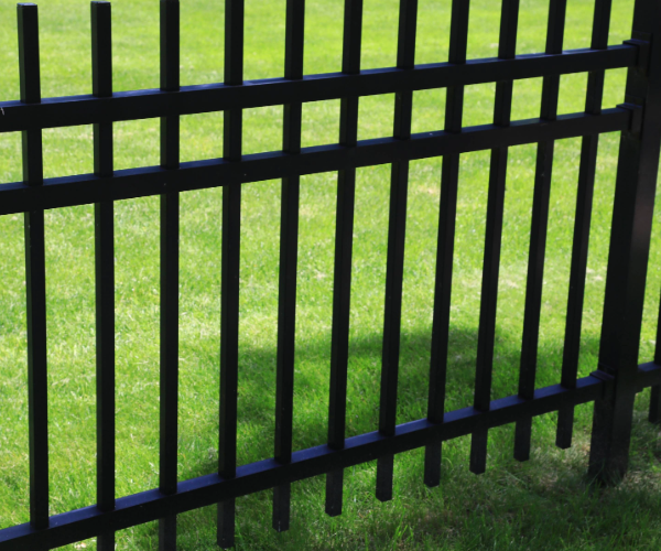 Black metal fencing against green turf