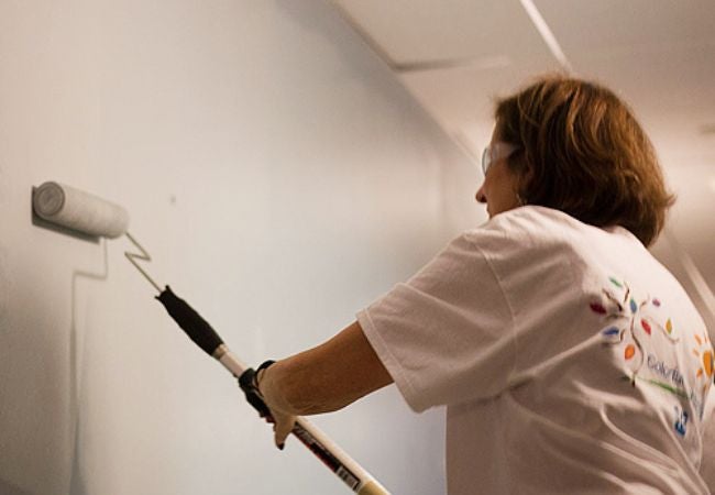 volunteer painting wall with roller