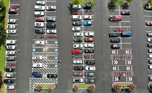 Parking lots with traffic markings.