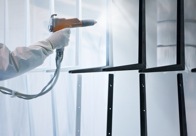 Powder being sprayed onto black components from a person wearing a white lab coat and white safety gloves