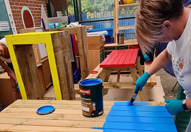 girl painting table blue