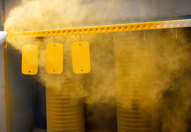 Yellow powder being sprayed on to three hung metal panels