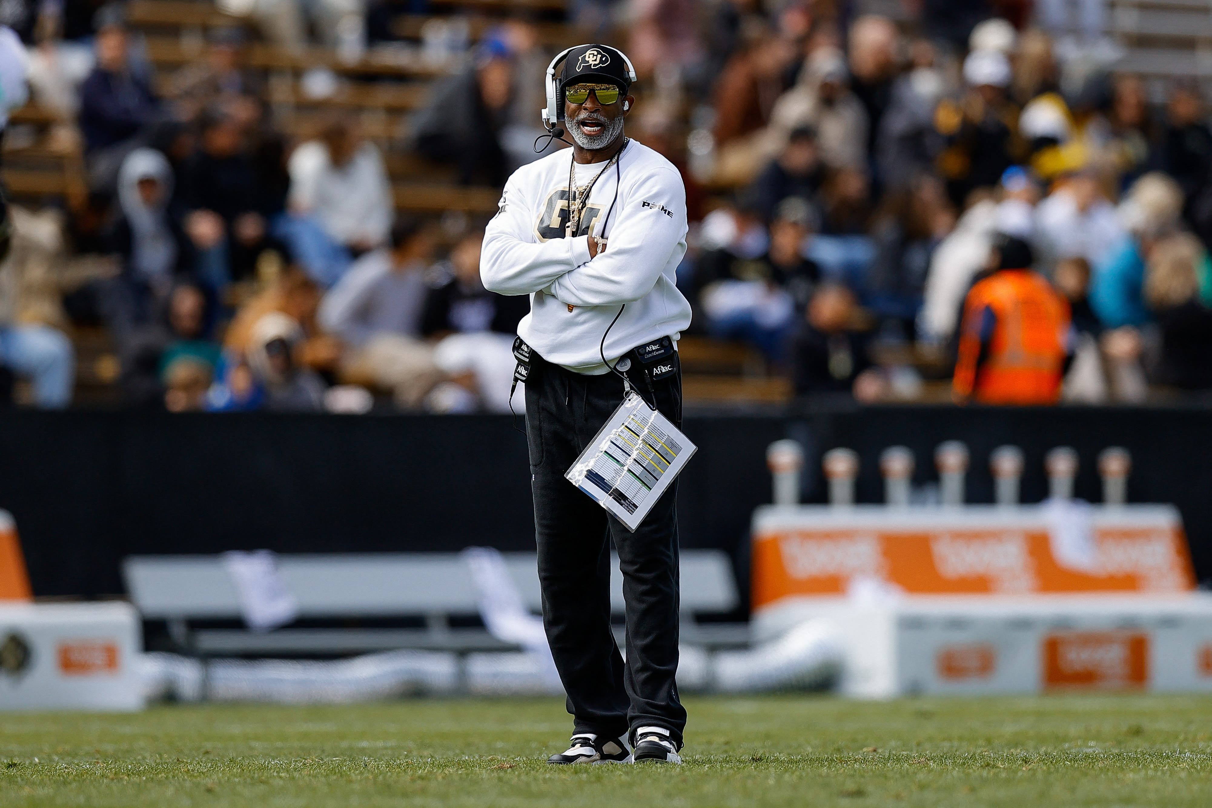 Apr 19, 2025; Boulder, CO, USA; Colorado Buffaloes head coach Deion Sanders during the spring game at Folsom Field. Mandatory Credit: Isaiah J. Downing-Imagn Images
