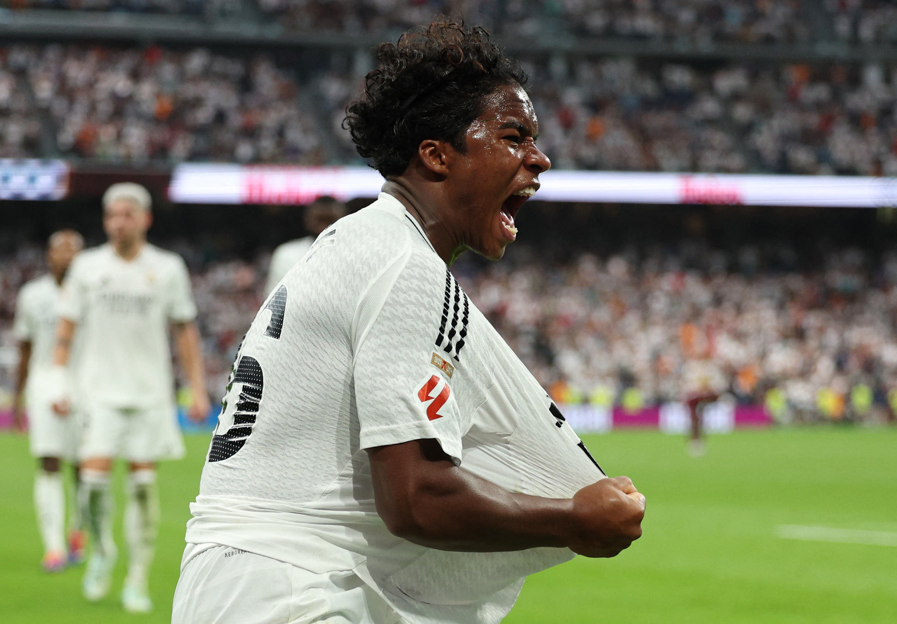 ndrick celebrates a goal during a Real Madrid match.