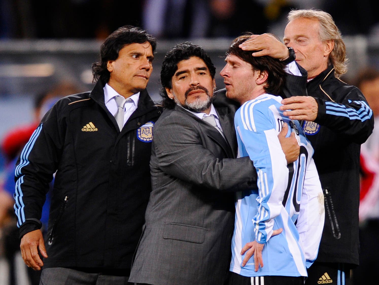 Football - Germany v Argentina FIFA World Cup Quarter Final - South Africa 2010 - Green Point Stadium, Cape Town, South Africa - 3/7/10 Argentina coach Diego Maradona and Lionel Messi (R) look dejected at the end of the match after failing to reach the semi final Mandatory Credit: Action Images / Jason Cairnduff Livepic