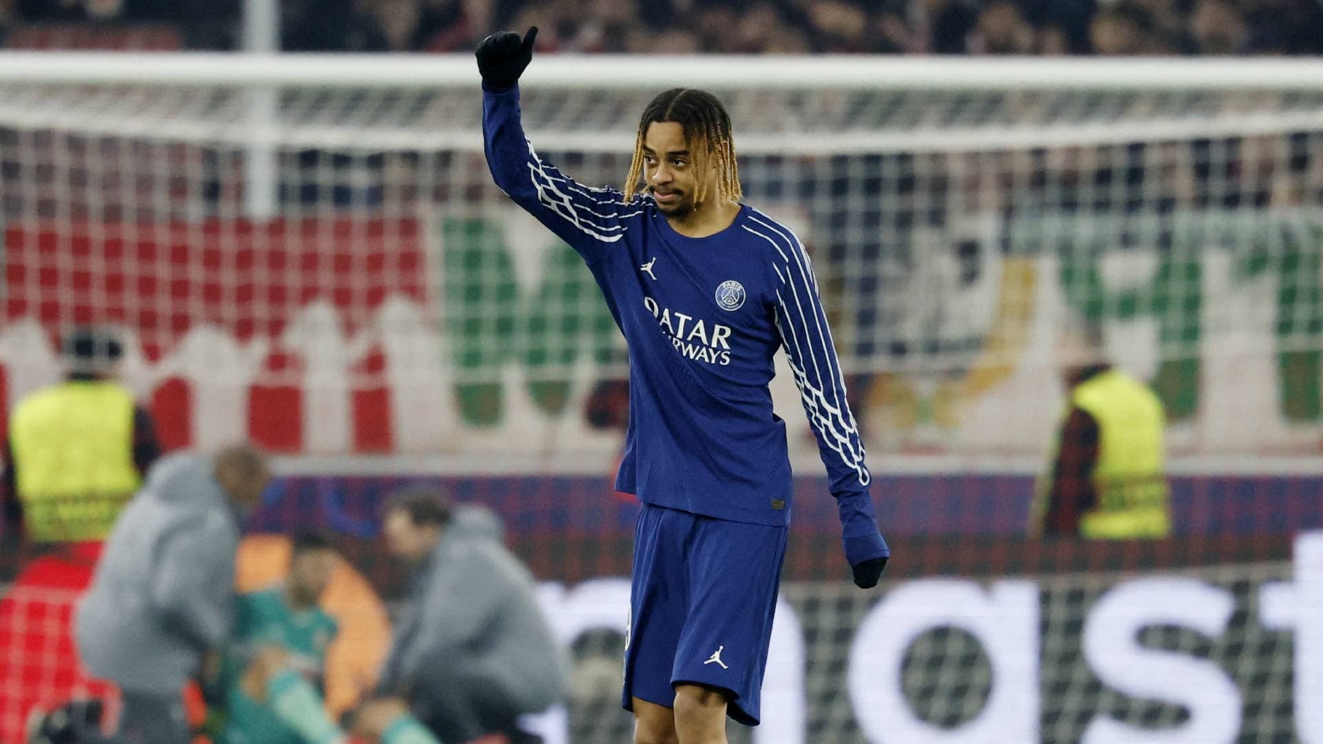 Barcola celebrates after scoring in Champions League