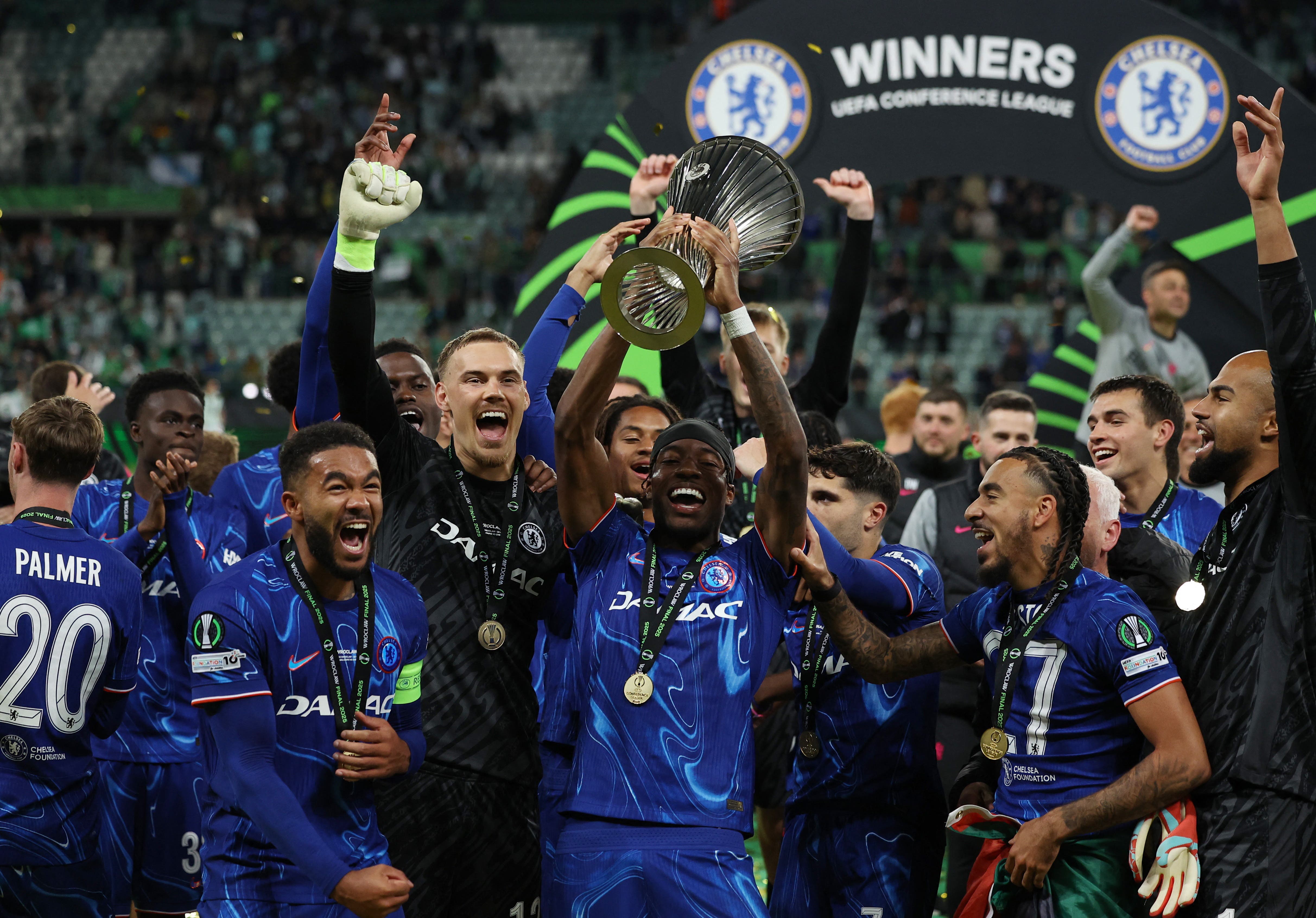 Chelsea celebrating the UEFA Conference League Title.