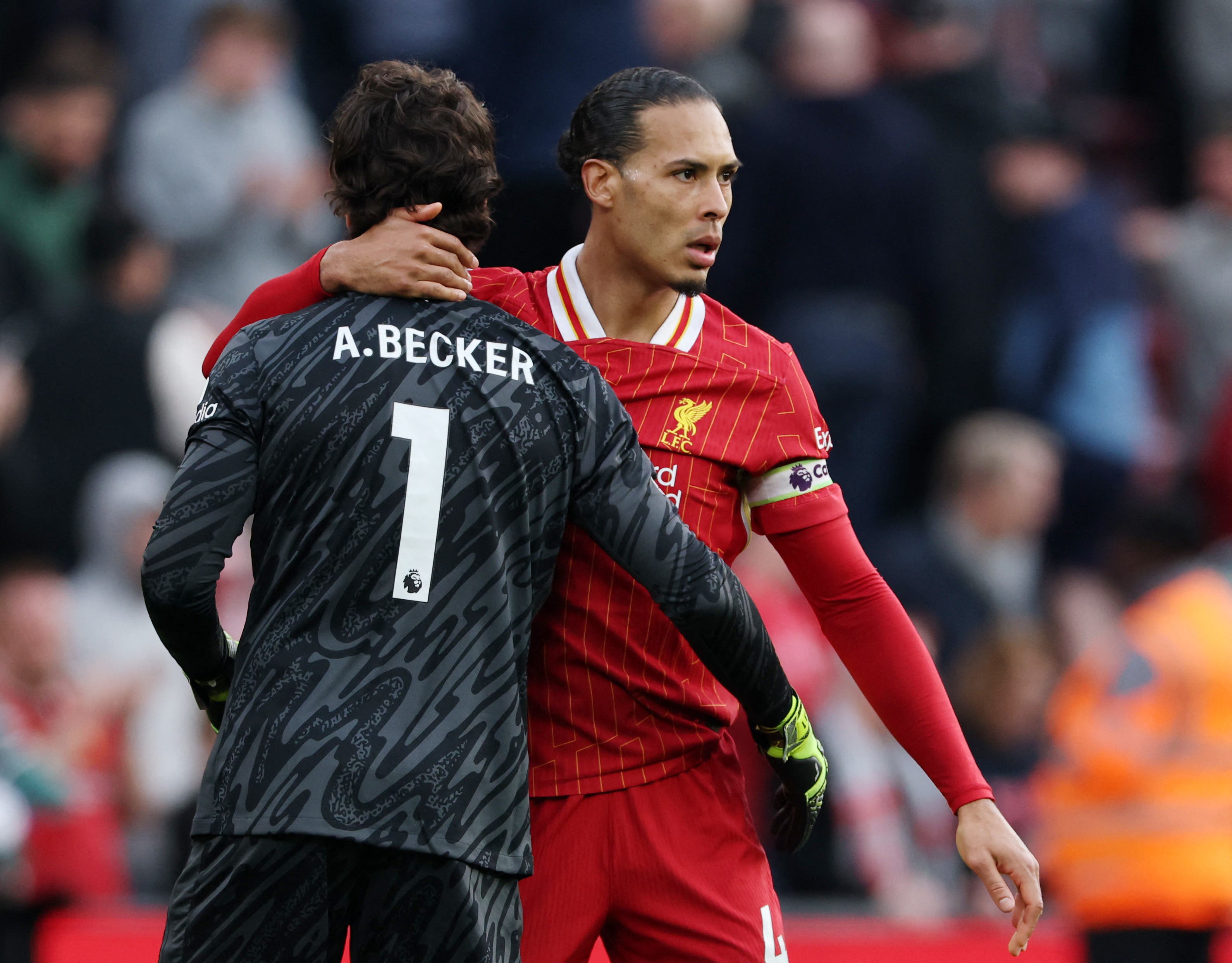 Liverpool's Alisson Becker and Virgil van Dijk celebrate