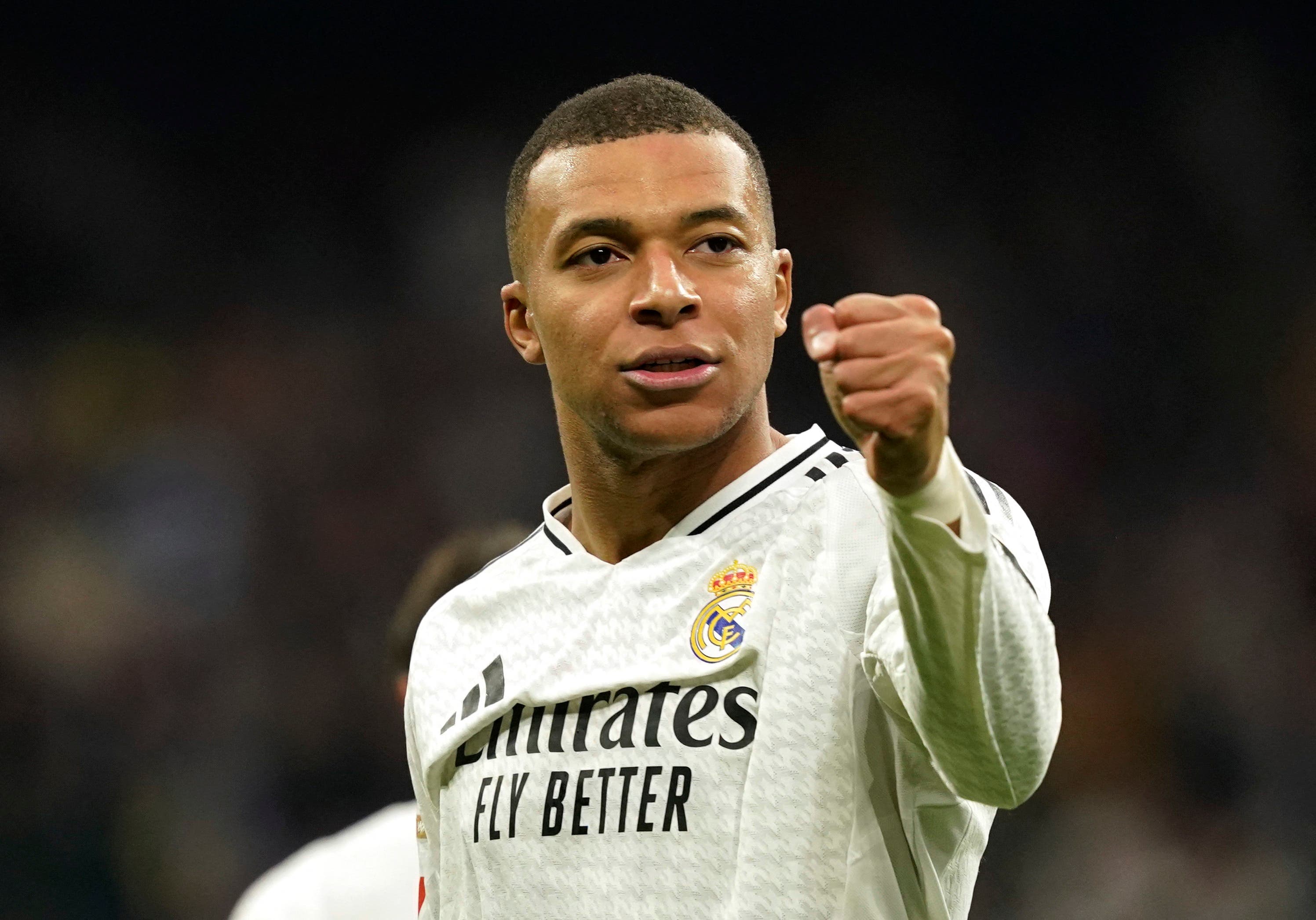 Kylian Mbappe celebrates after his brace against Las Palmas