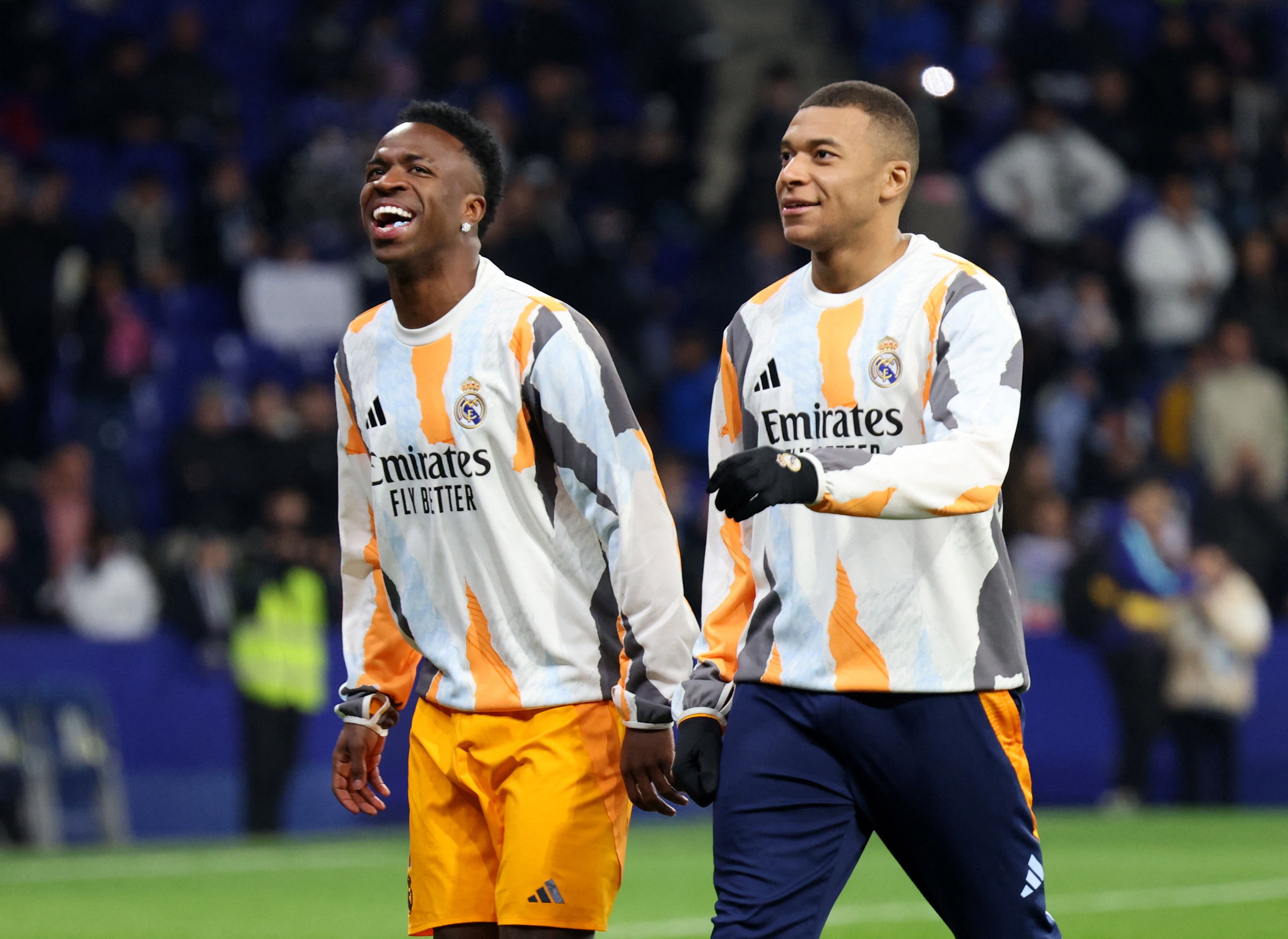 Mbappe and Vinicius warming up before facing Espanyol in LaLiga