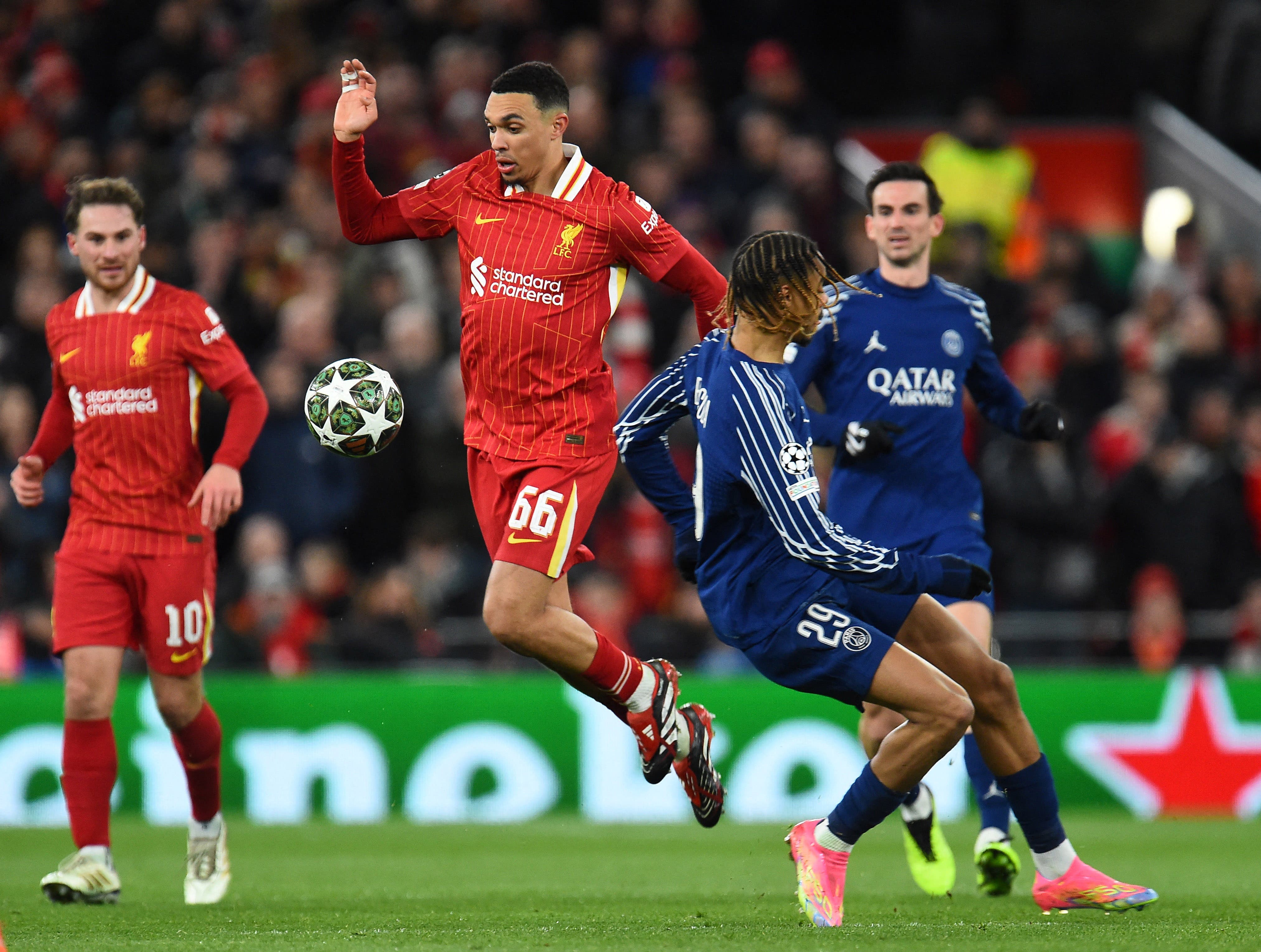  Liverpool's Trent Alexander-Arnold in action with Paris St Germain's Bradley Barcola