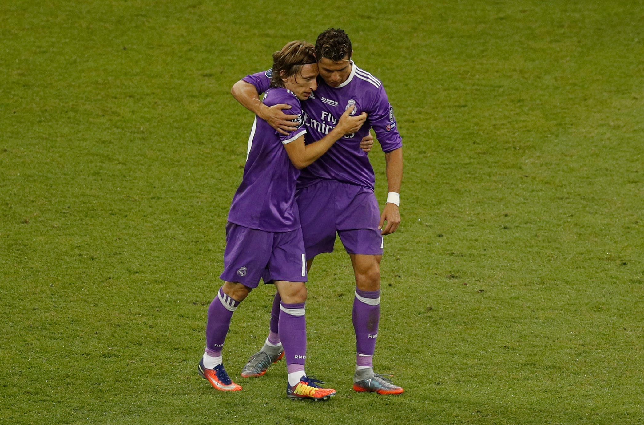 Real Madrid's Cristiano Ronaldo celebrates scoring their third goal with Luka Modric 