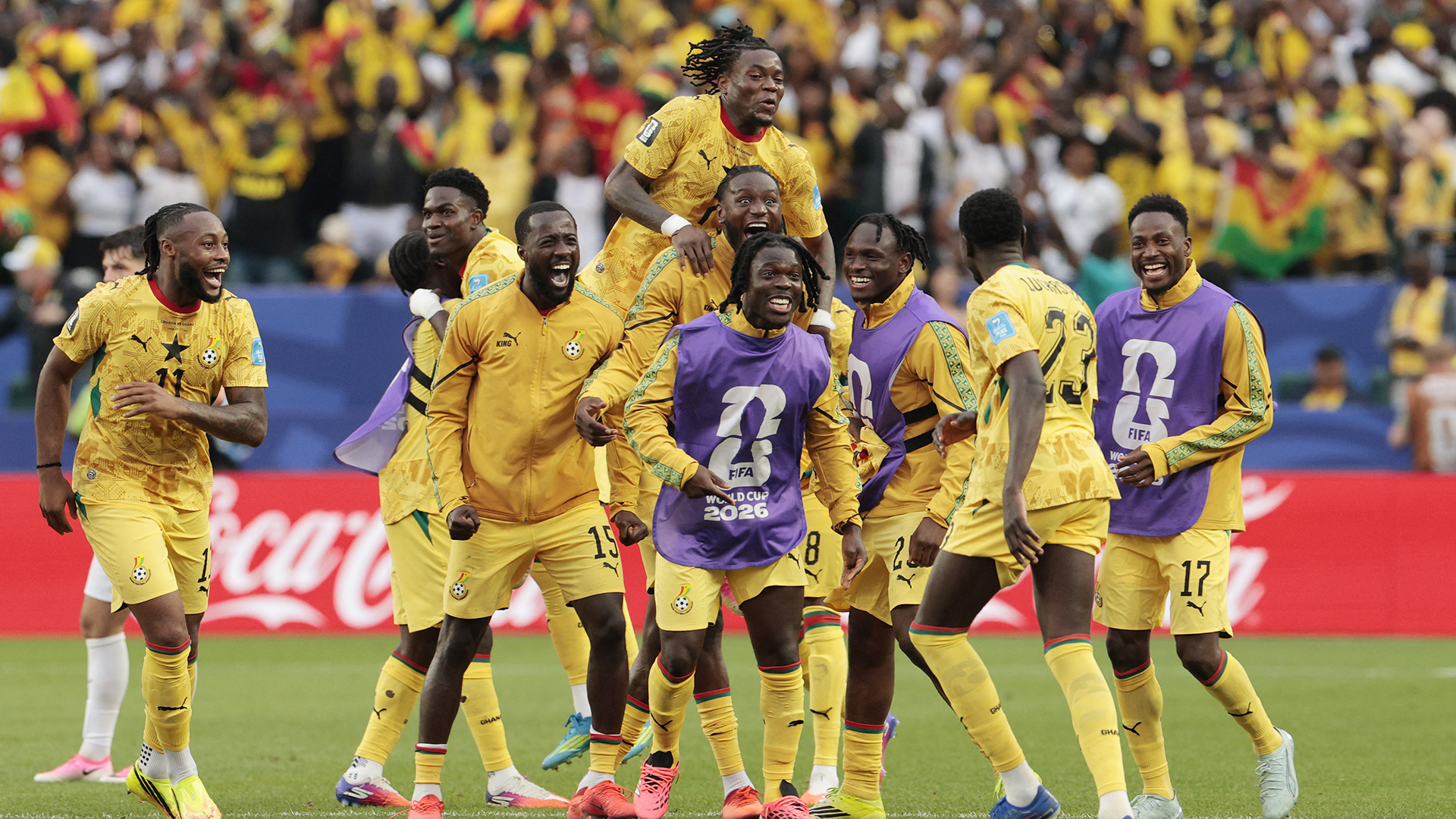 Soccer Football - FIFA World Cup 2026 - Group L - Croatia v Ghana - Philadelphia Stadium, Philadelphia, Pennsylvania, U.S. - June 27, 2026 Ghana's Derrick Luckassen celebrates scoring their first goal with teammates after a VAR review REUTERS/Brian Snyder