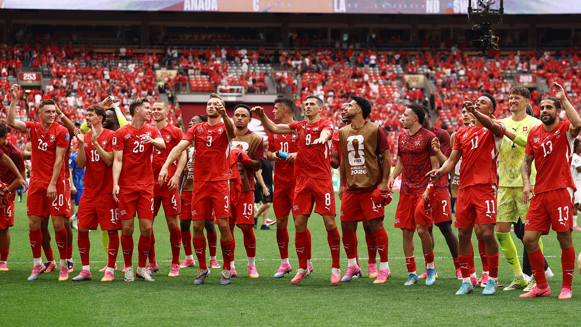 Soccer Football - FIFA World Cup 2026 - Group B - Switzerland v Canada - BC Place, Vancouver, Canada - June 24, 2026 Switzerland players celebrate after the match REUTERS/Lee Smith