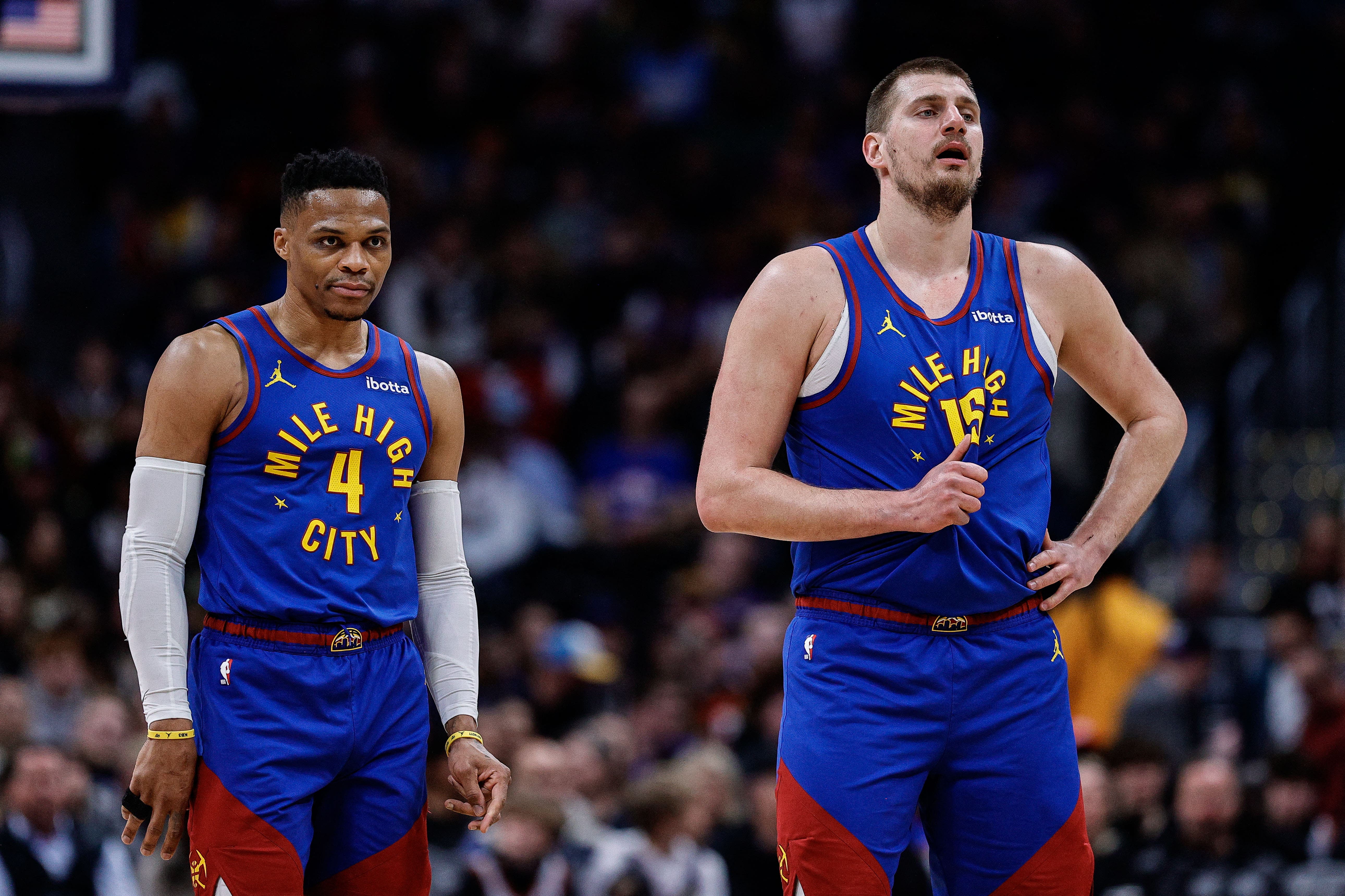 Russell Westbrook and Nikola Jokic for the Denver Nuggets against Sacramento Kings.