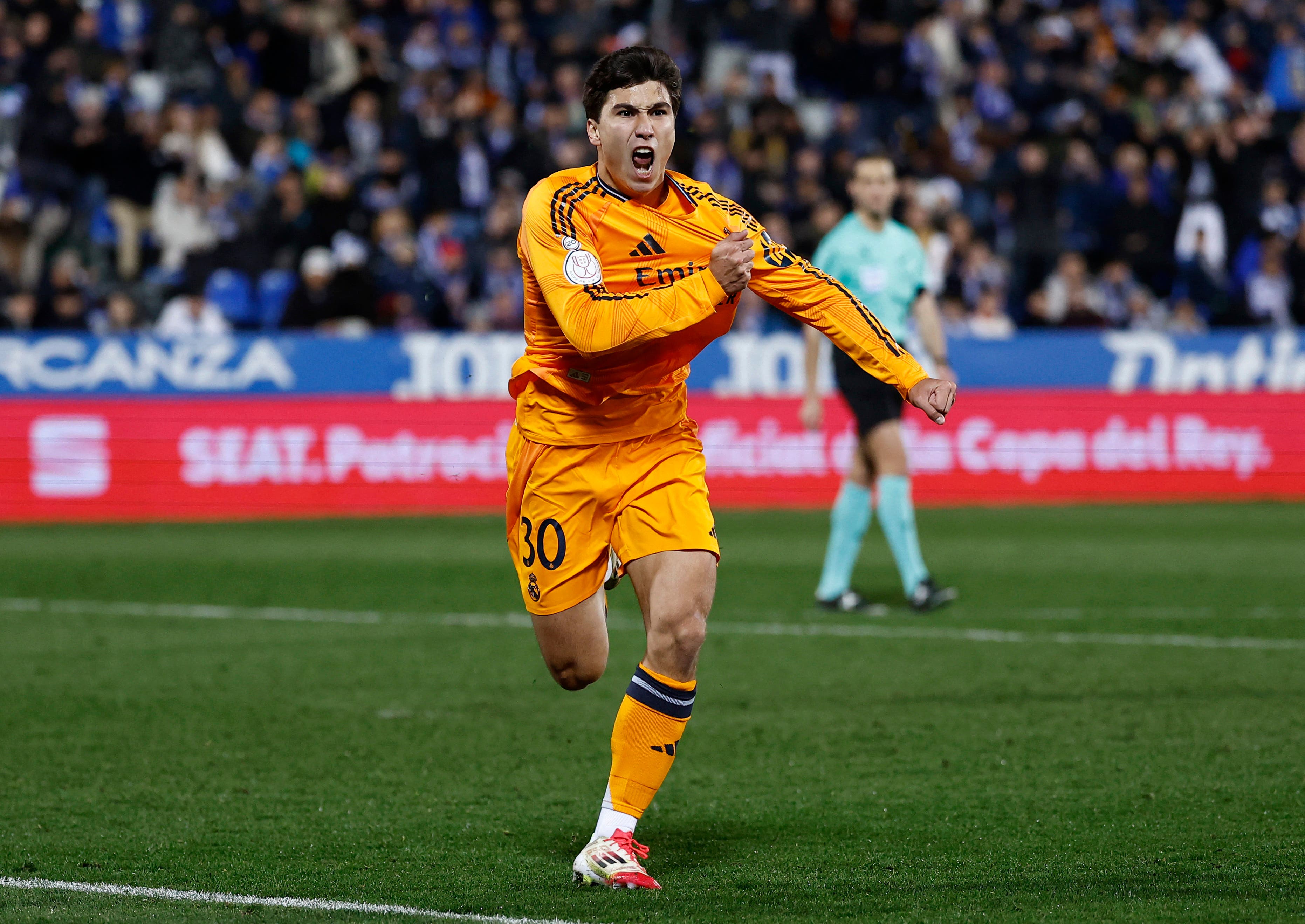 Real Madrid's Gonzalo Garcia celebrates scoring their third goal