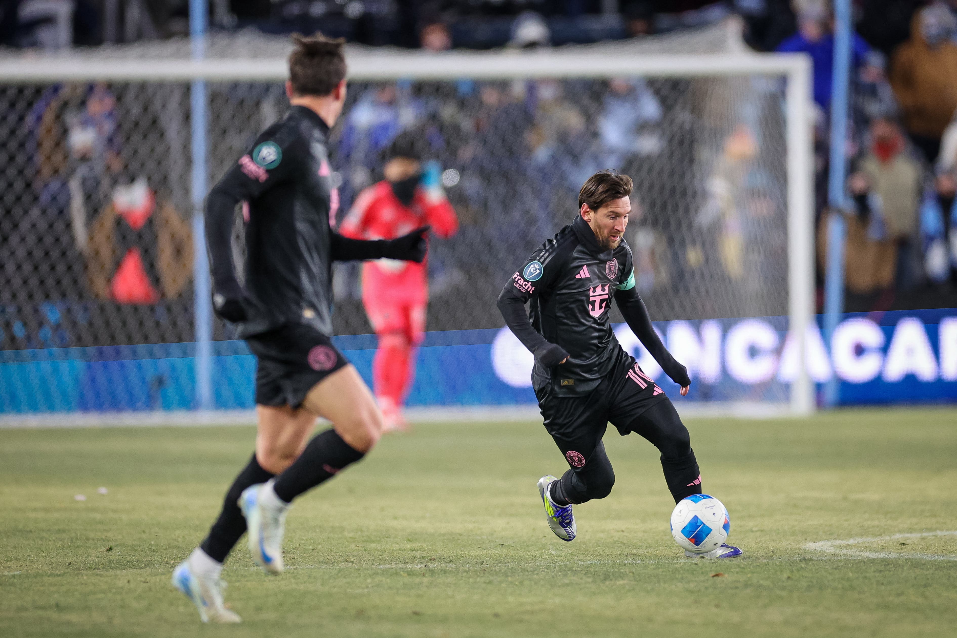 Inter Miami forward Lionel Messi (10) brings the ball up field 