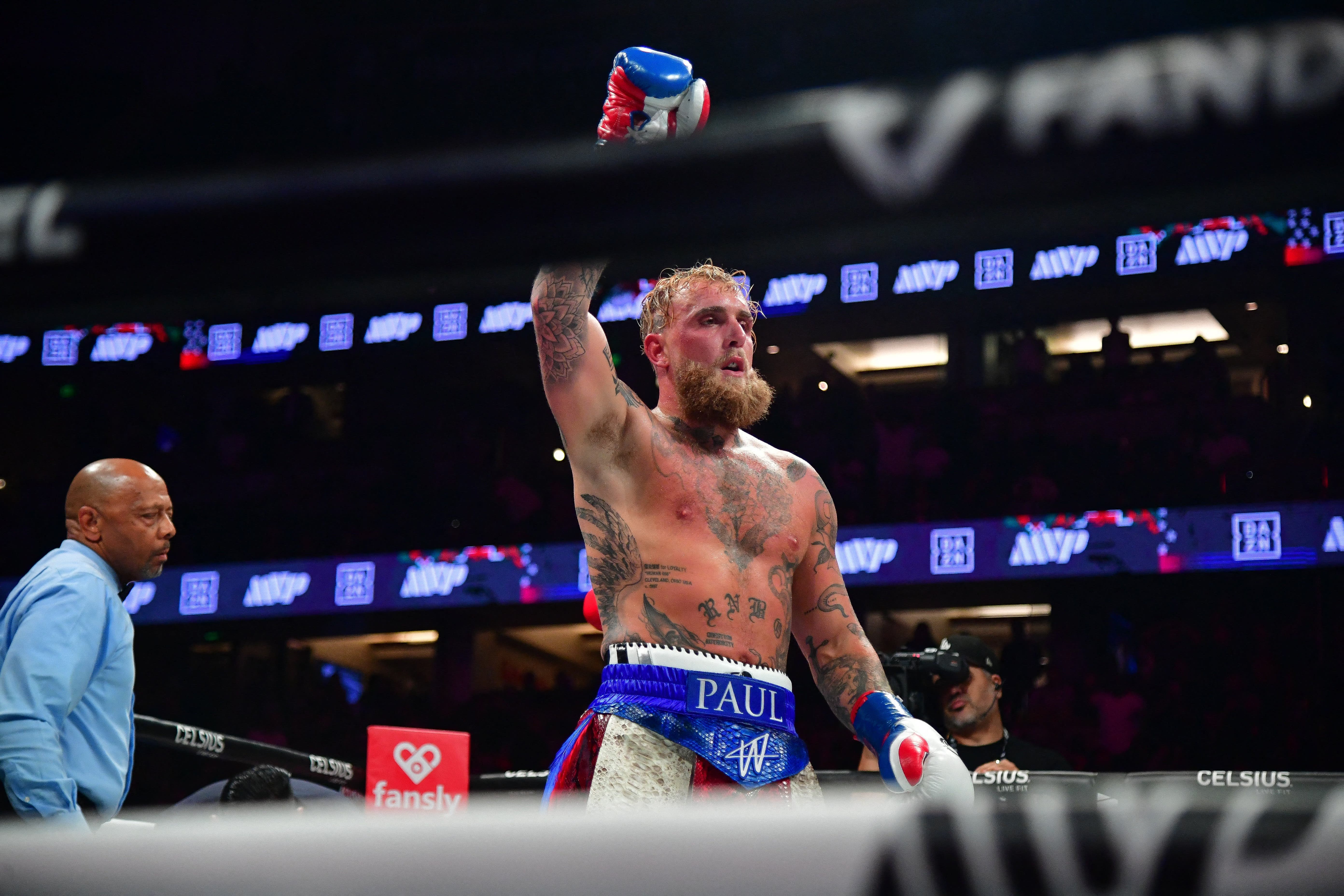 Jake Paul reacts following his match against Julio Cesar Chavez Jr. at Honda Center.