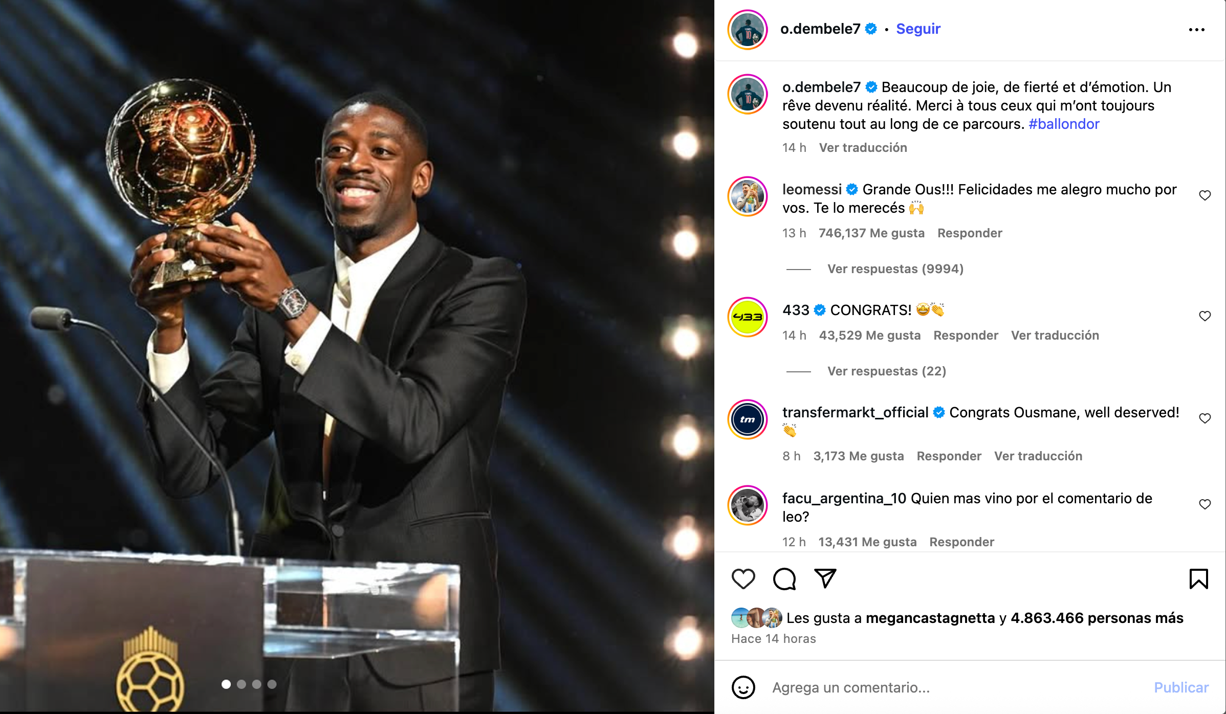 Lionel Messi's message congratulating Ousmane Dembélé's for winning the Ballon D'Or.