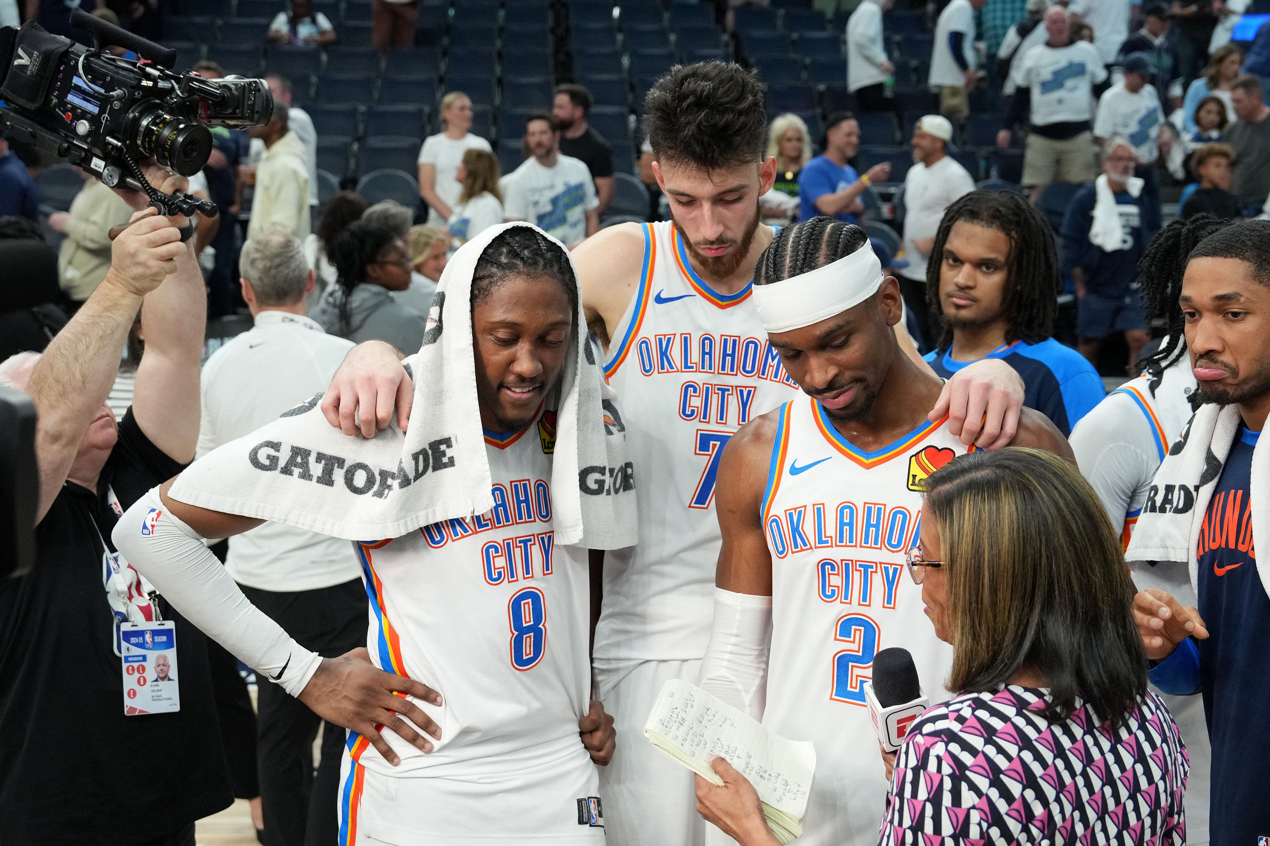 Oklahoma City Thunder's Shai Gilgeous-Alexander, Jalen Williams, and Chet Holmgren after Game 4 against the Minnesota Timberwolves.
