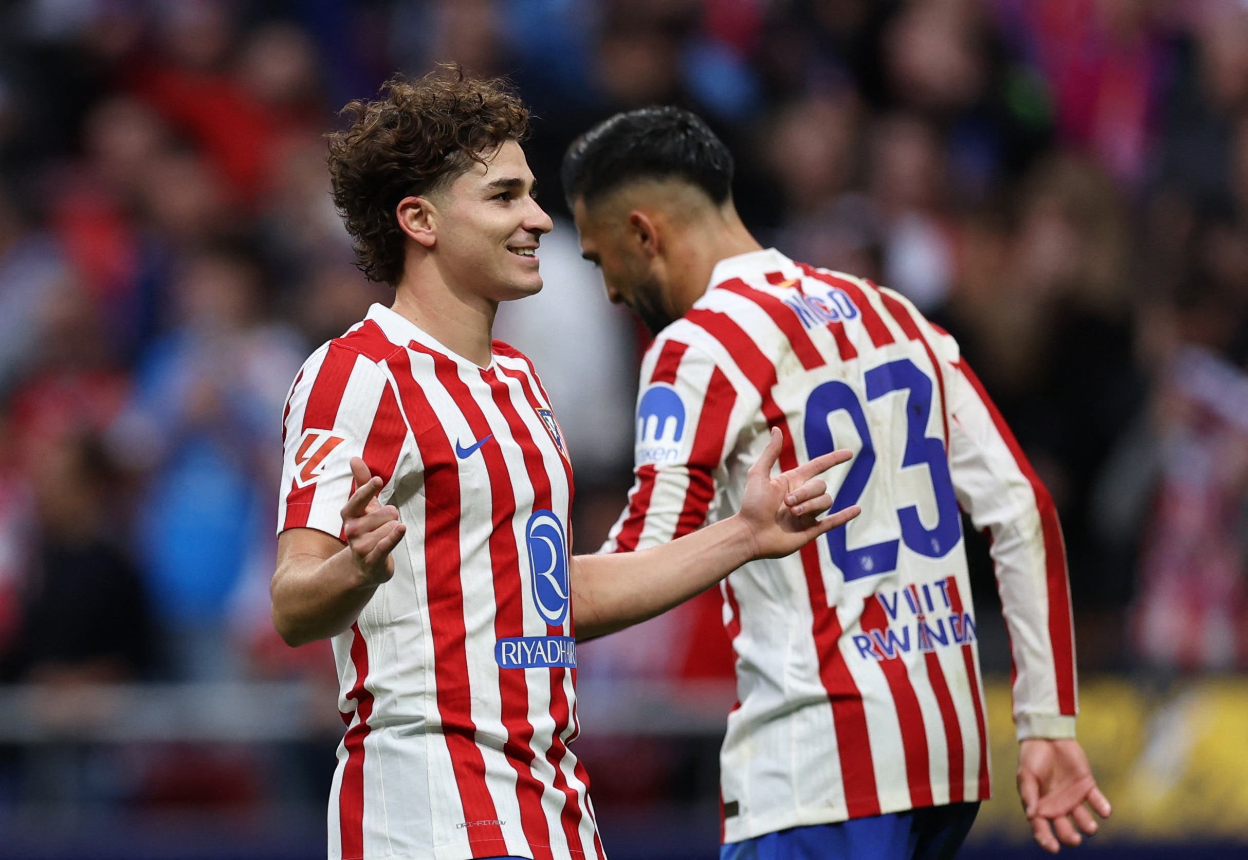 Soccer Football - LaLiga - Atletico Madrid v Sevilla - Riyadh Air Metropolitano, Madrid, Spain - November 1, 2025 Atletico Madrid's Julian Alvarez celebrates scoring their first goal REUTERS/Violeta Santos Moura