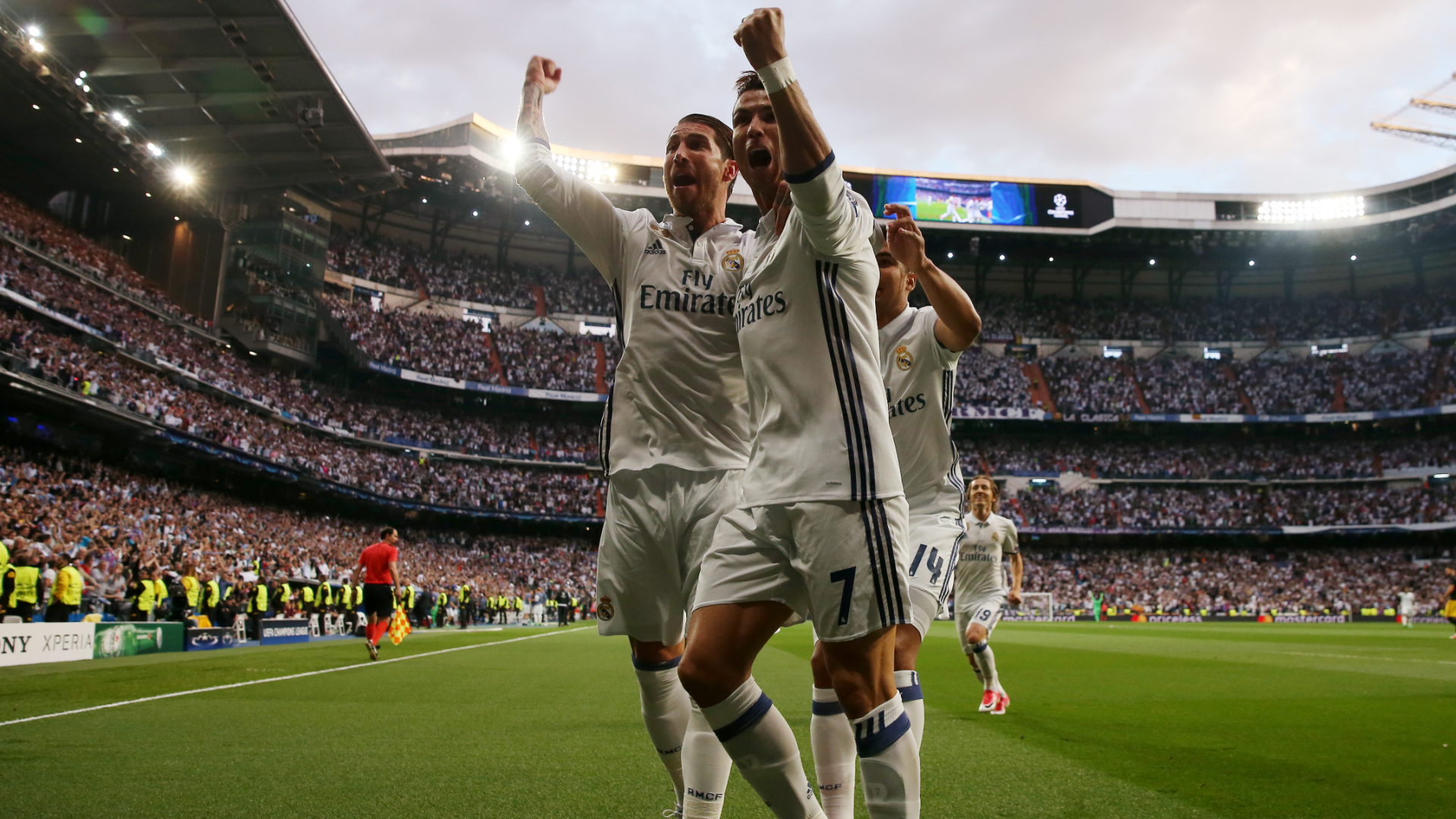 Cristiano Ronaldo celebrates with Sergio Ramos after scoring for Real Madrid