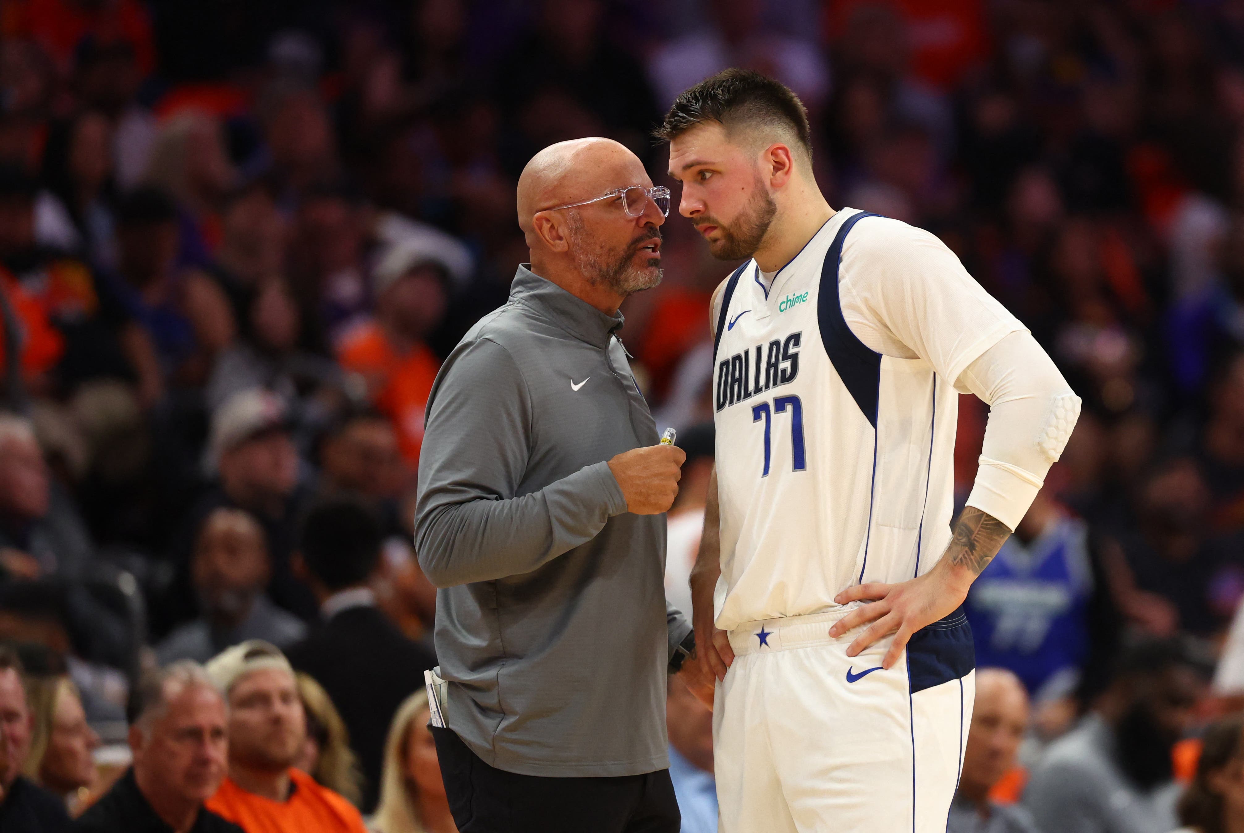Dallas Mavericks' Jason Kidd with Luka Doncic against the Phoenix Suns, 2024.