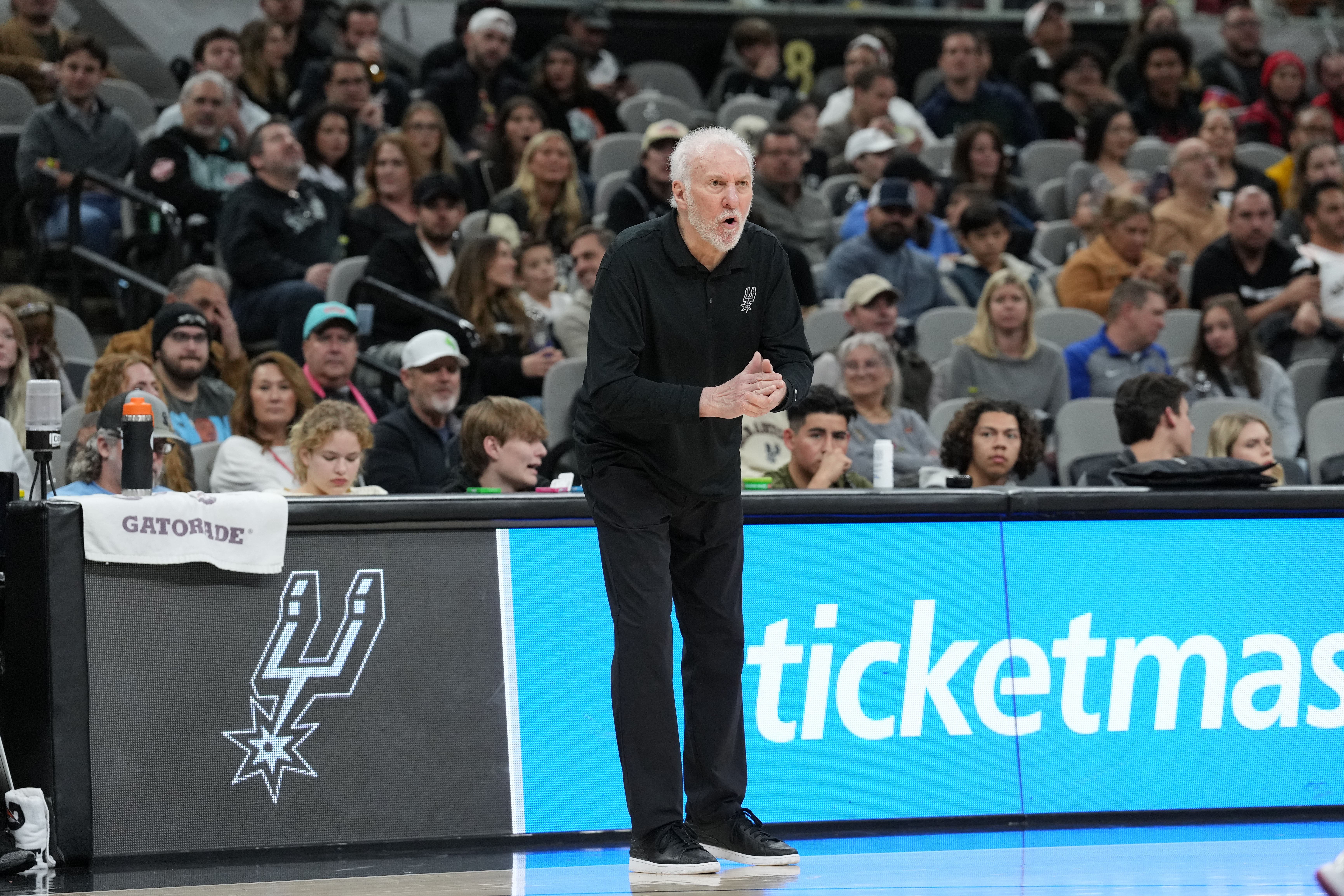 San Antonio Spurs head coach Gregg Popovich looks on in the second half against the Chicago Bulls at Frost Bank Center.