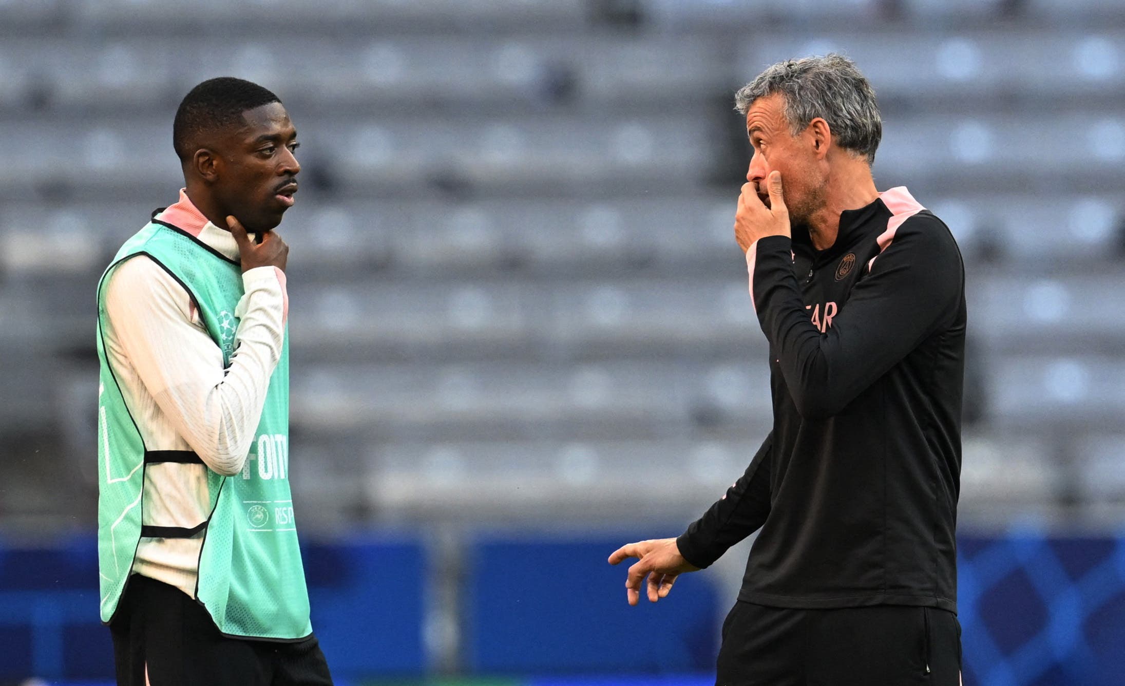  Paris St Germain coach Luis Enrique and Paris St Germain's Ousmane Dembele during training 