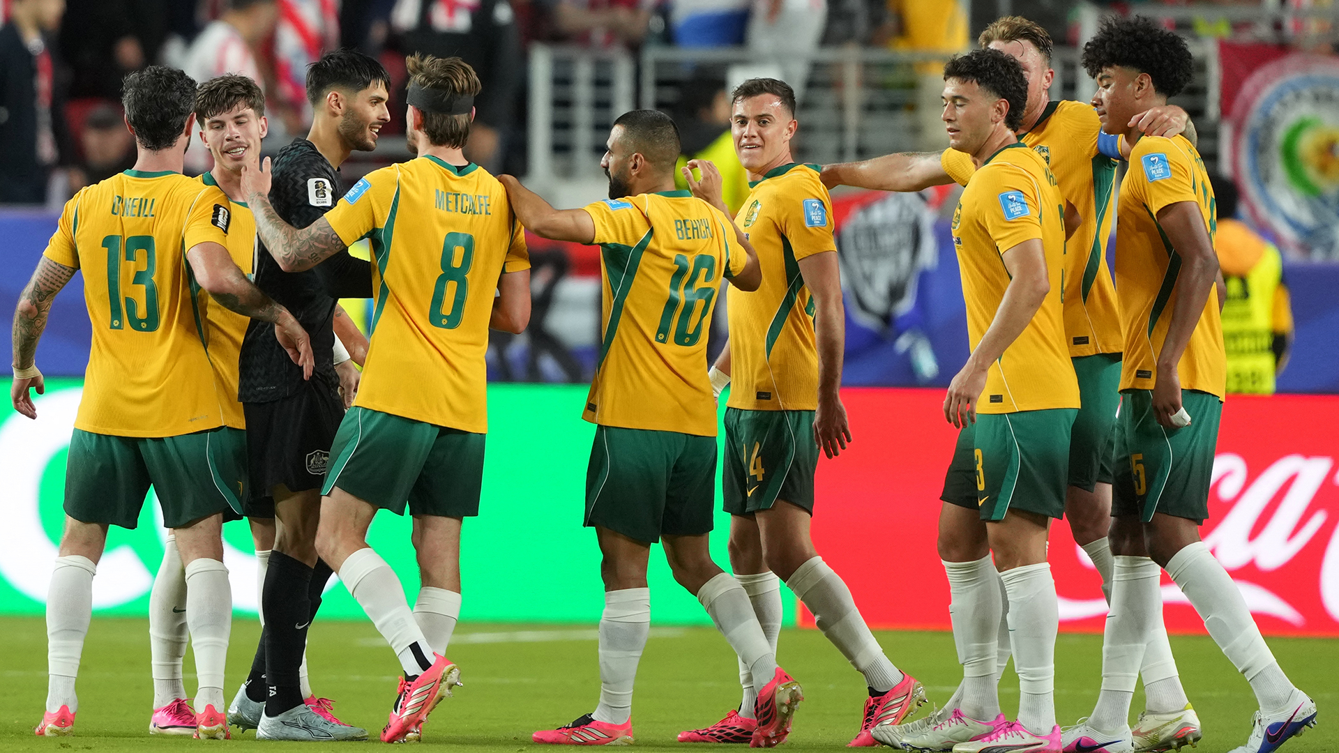 Soccer Football - FIFA World Cup 2026 - Group D - Paraguay v Australia - San Francisco Bay Area Stadium, Santa Clara, California, U.S. - June 25, 2026 Australia's Patrick Beach and teammates celebrate after the match IMAGN IMAGES via Reuters/Darren Yamashita
