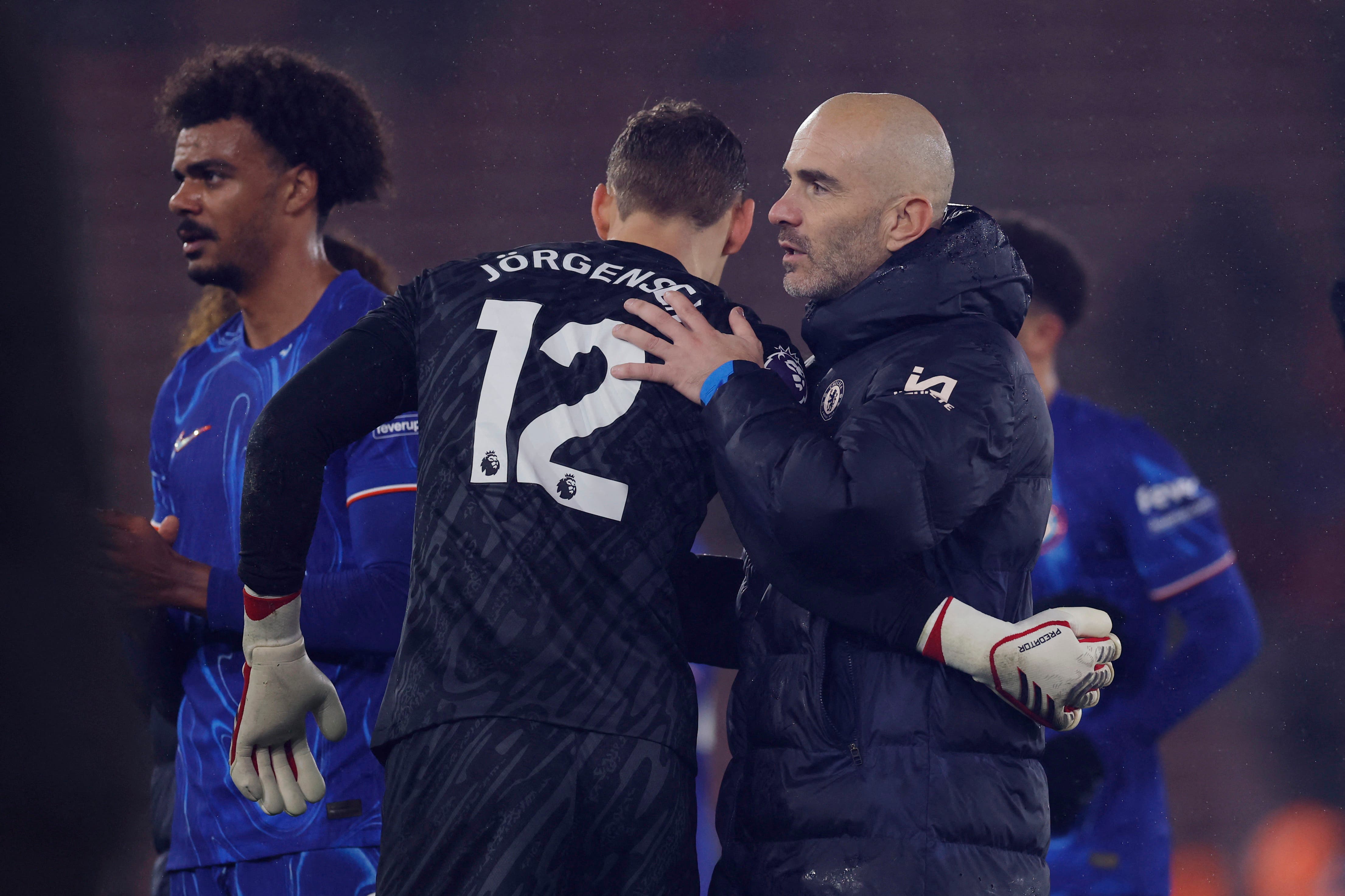 Chelsea manager Enzo Maresca with Filip Jorgensen after the match