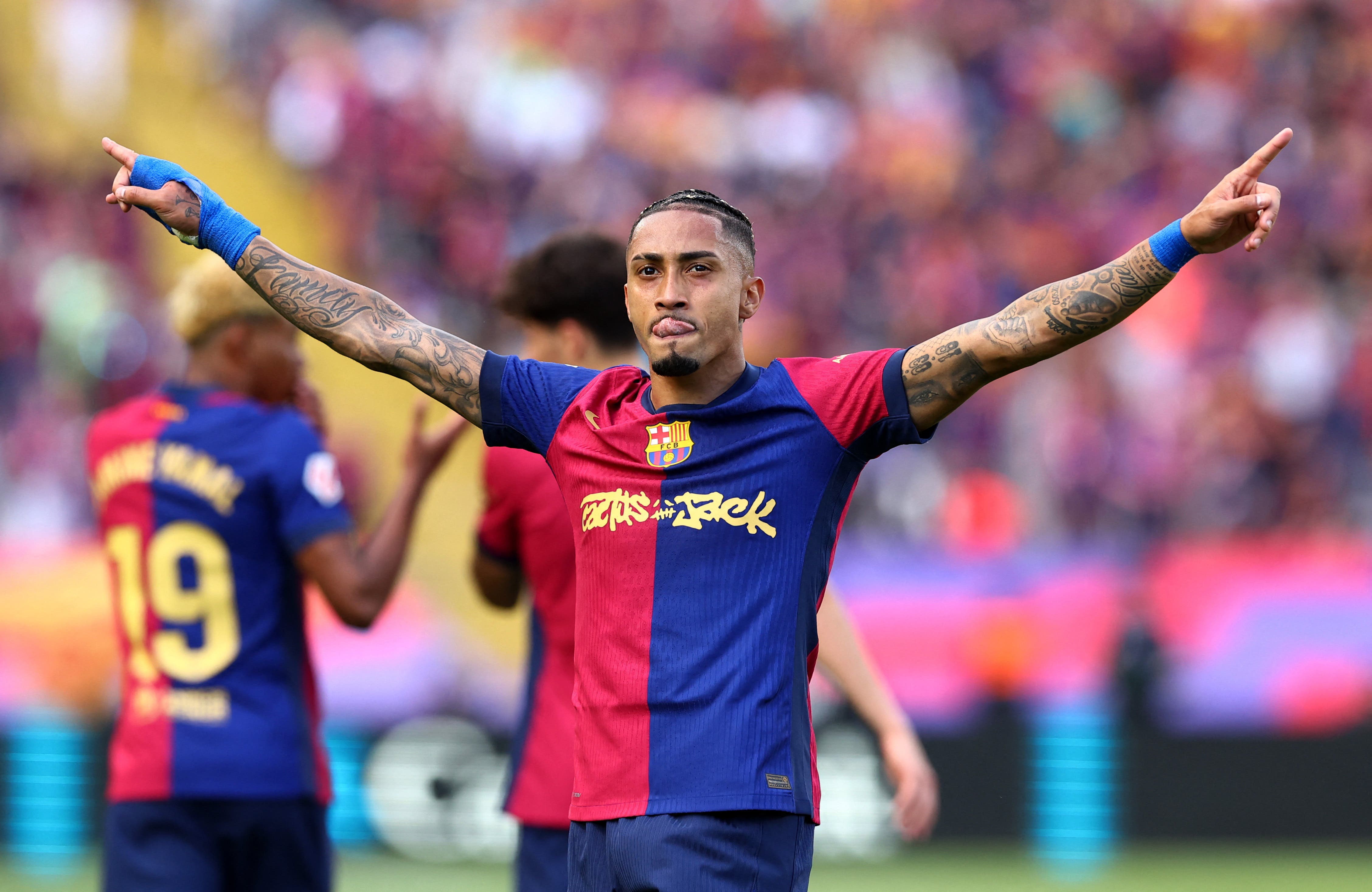 FC Barcelona's Raphinha celebrates scoring their fourth goal