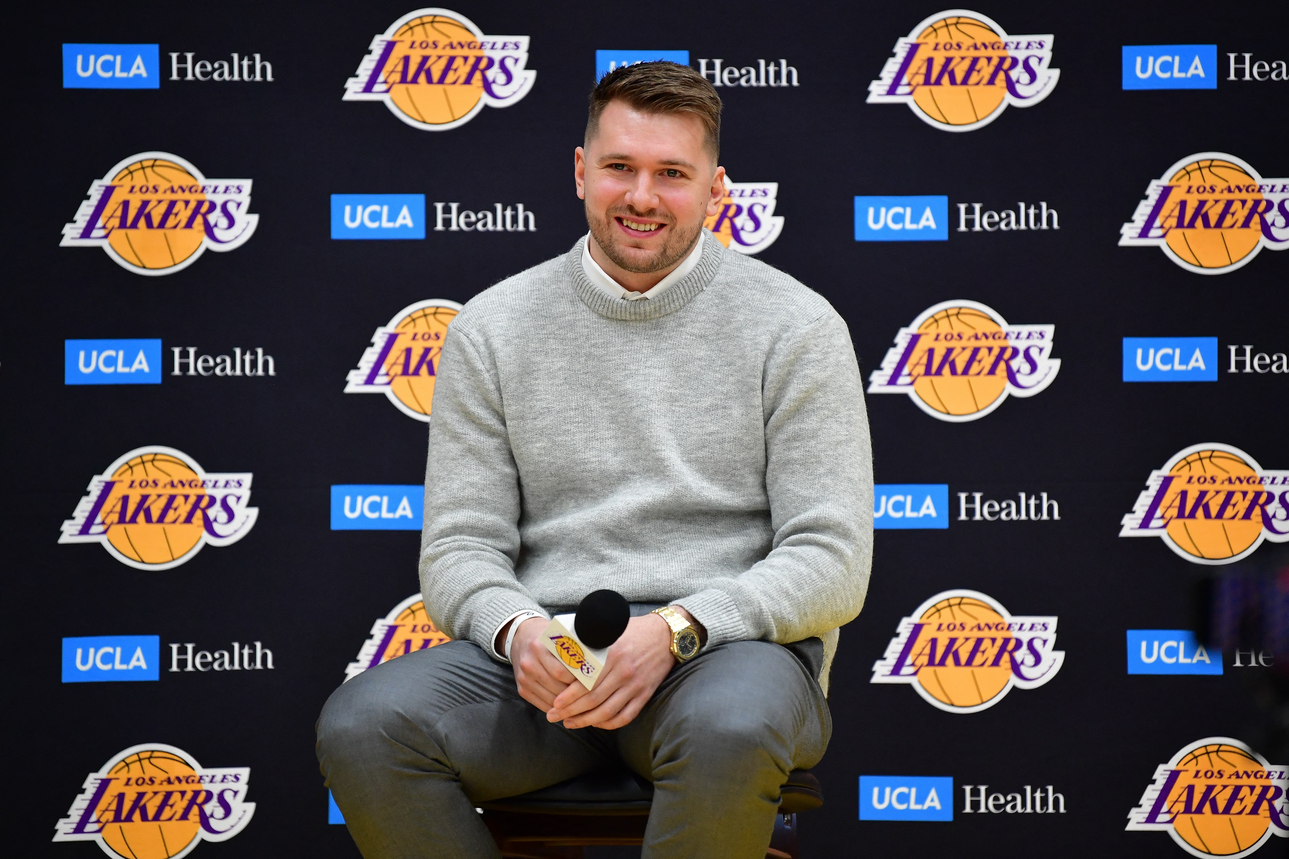 Luka Doncic at a press conference for the Los Angeles Lakers.