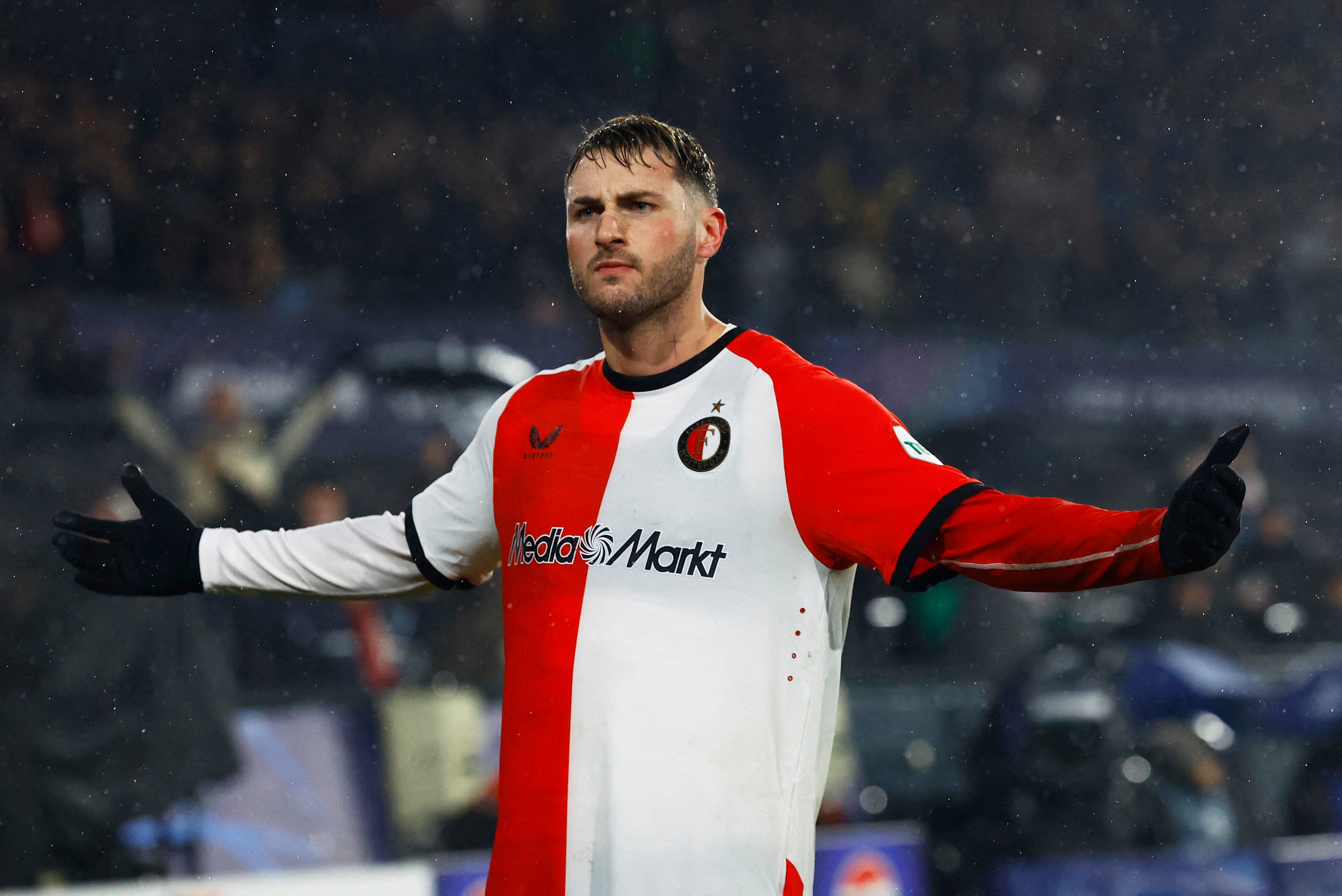 Santiago Gimenez celebrates after scoring brace against Bayern Munich in the Champions League