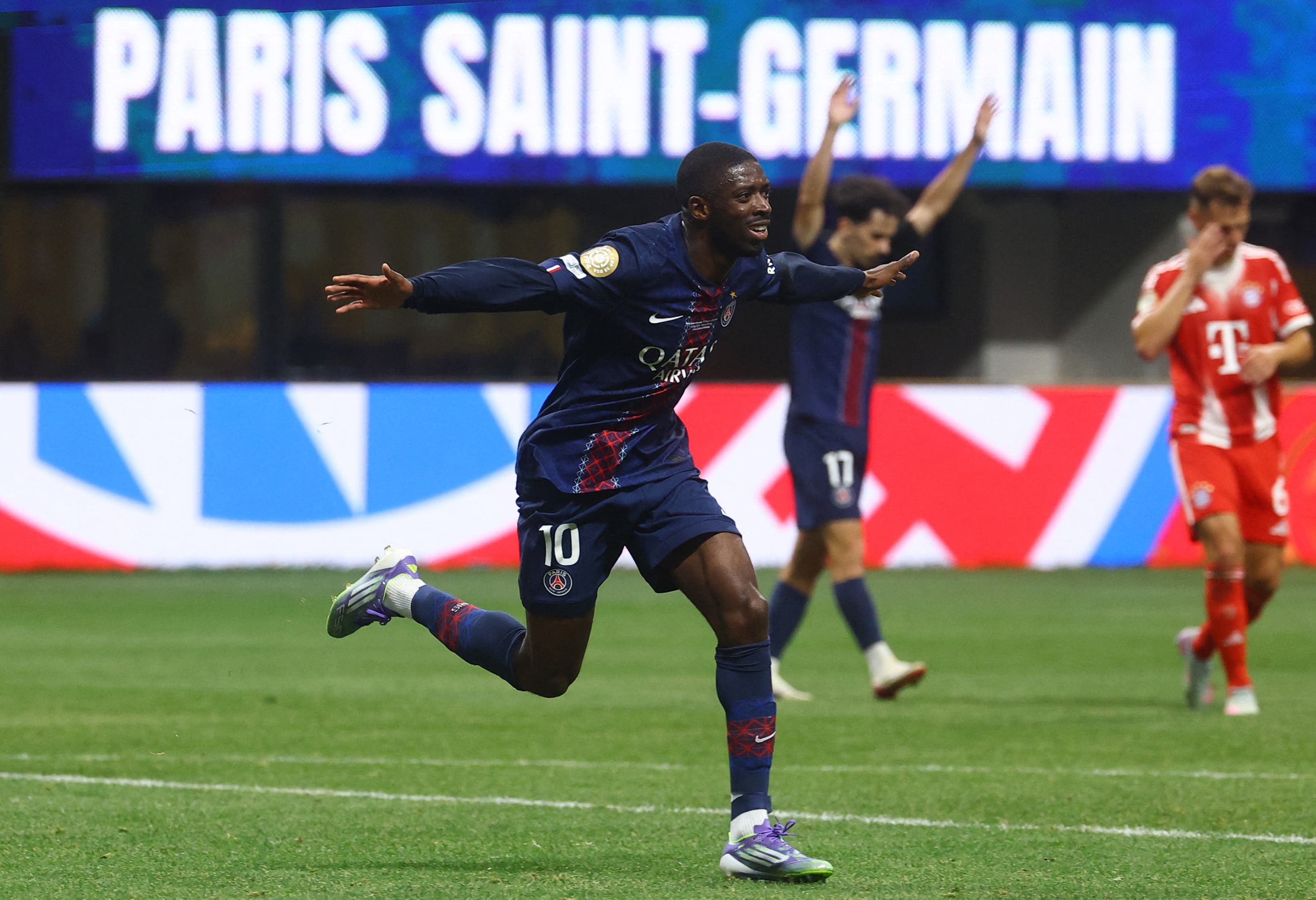 Soccer Football - FIFA Club World Cup - Quarter Final - Paris St Germain v Bayern Munich - Mercedes-Benz Stadium, Atlanta, Georgia, U.S. - July 5, 2025 Paris St Germain's Ousmane Dembele celebrates scoring their second goal REUTERS/Kai Pfaffenbach