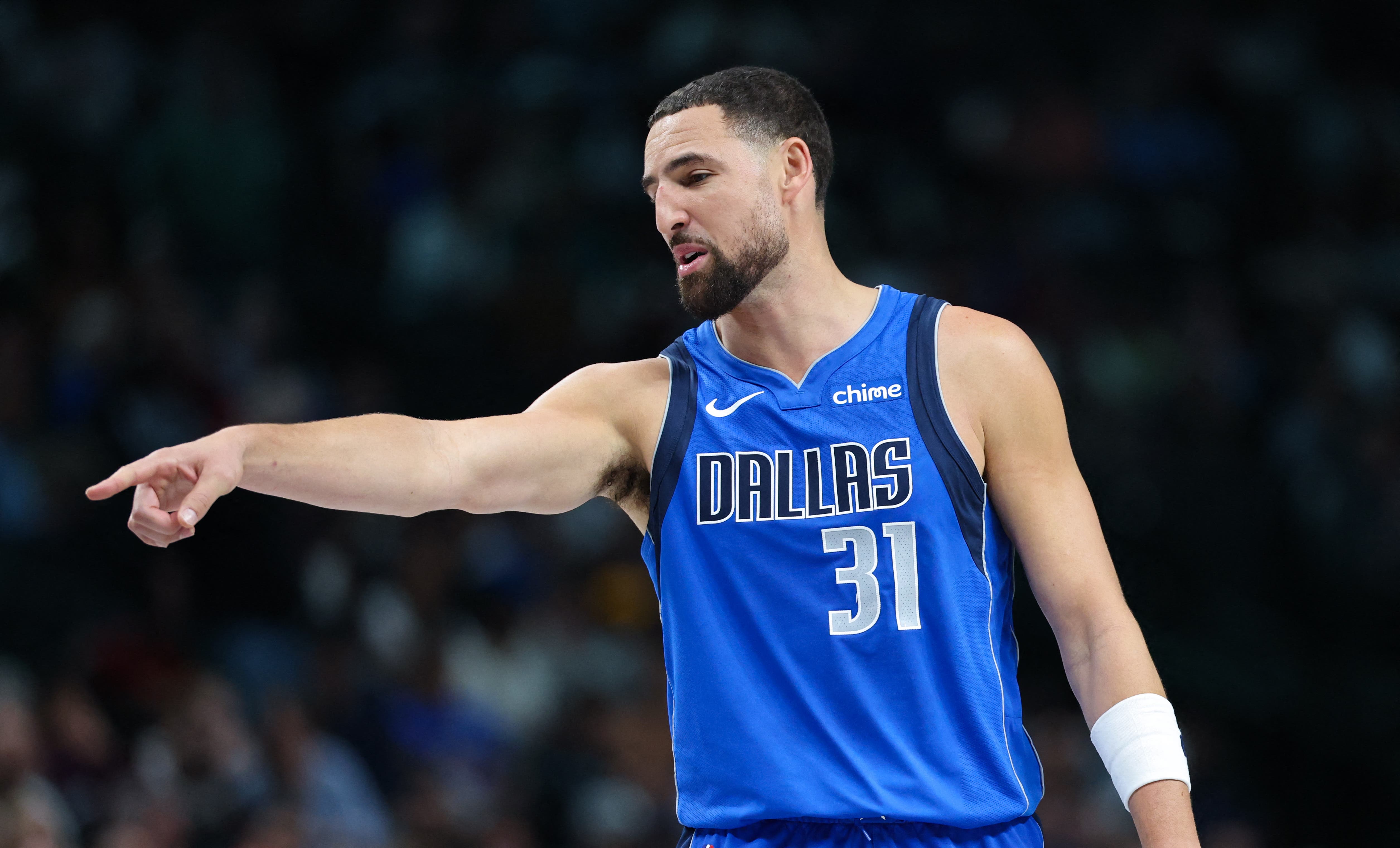 Nov 5, 2025; Dallas, Texas, USA; Dallas Mavericks guard Klay Thompson (31) reacts during the second half against the New Orleans Pelicans at American Airlines Center. Mandatory Credit: Kevin Jairaj-Imagn Images