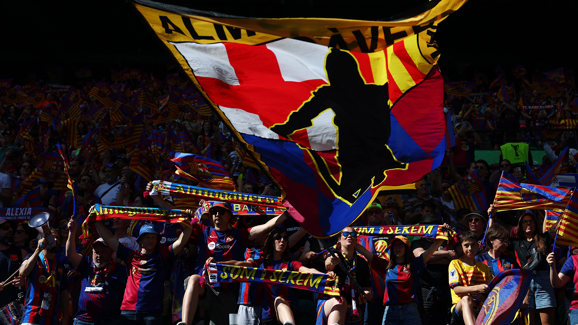 Barceona Fans in the stands of Olympic Stadium of Montjuic.