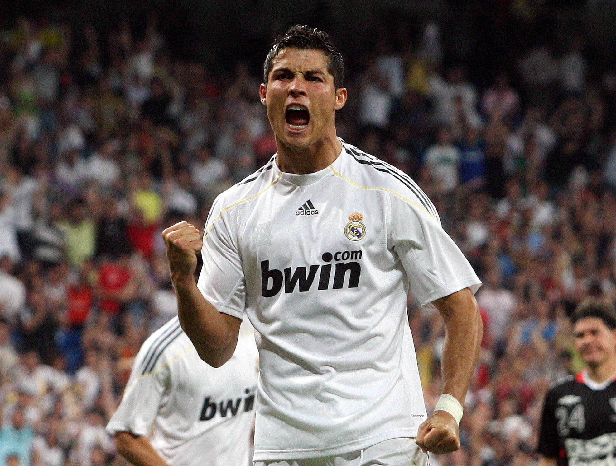 Cristiano Ronaldo playing for Real Madrid.