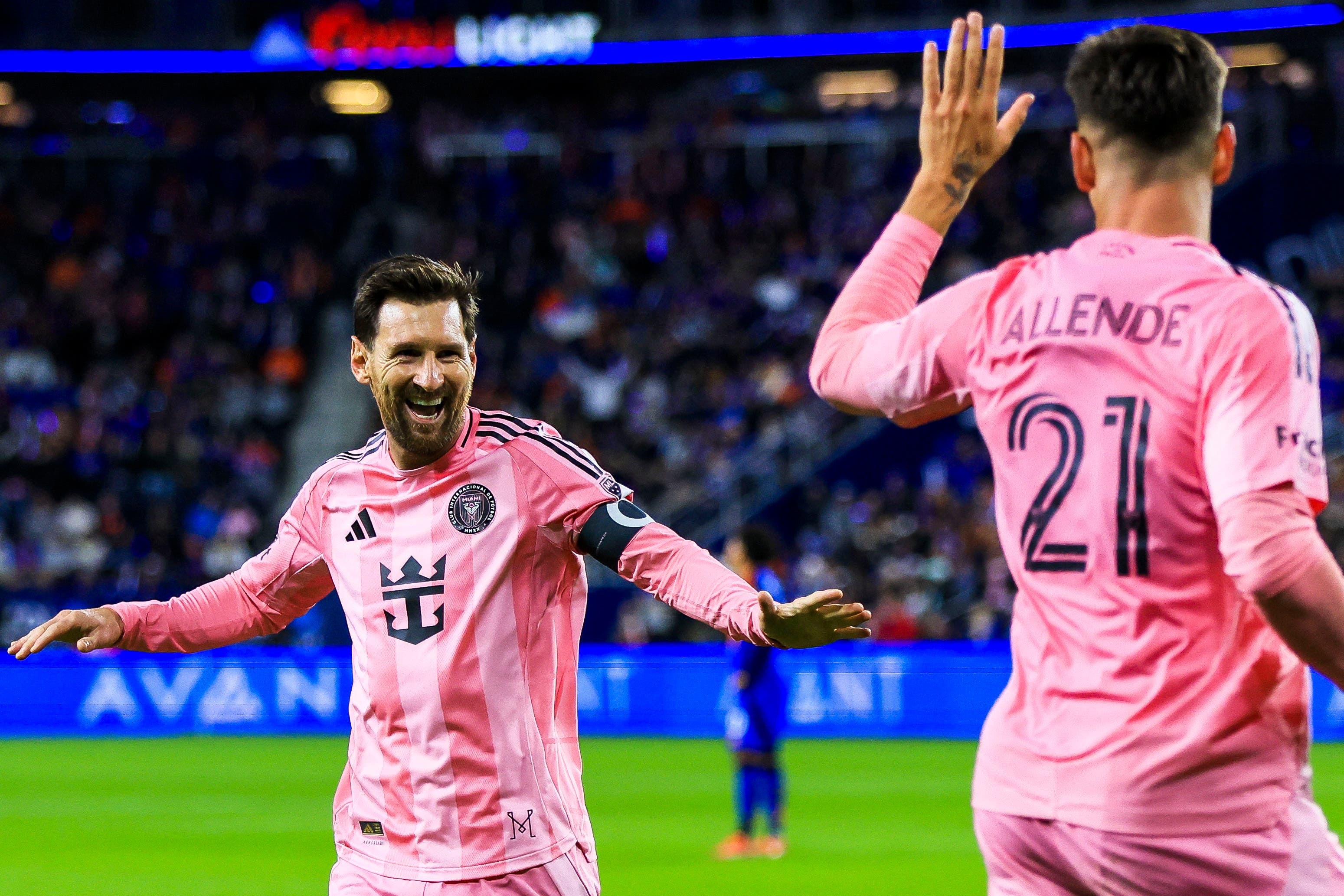 Nov 23, 2025; Cincinnati, Ohio, USA; Inter Miami CF forward Lionel Messi (10) reacts after forward Tadeo Allende (21) scores a goal against FC Cincinnati in the second half at TQL Stadium. Mandatory Credit: Katie Stratman-Imagn Images