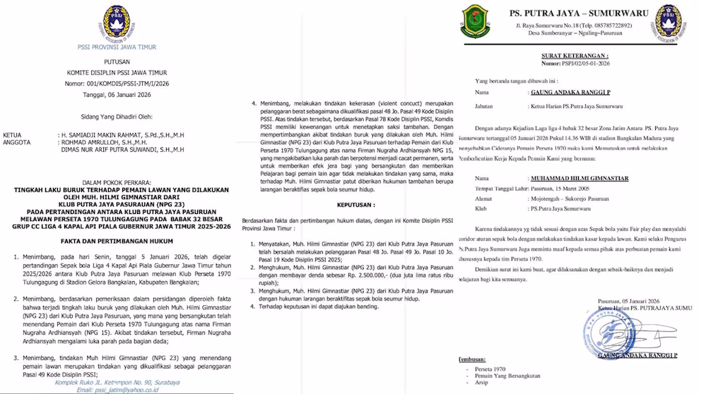 Putra Jaya Pasuruan announced the termination of Gimnastiar’s contract and issued a public apology to Perseta 1970 Tulungagung