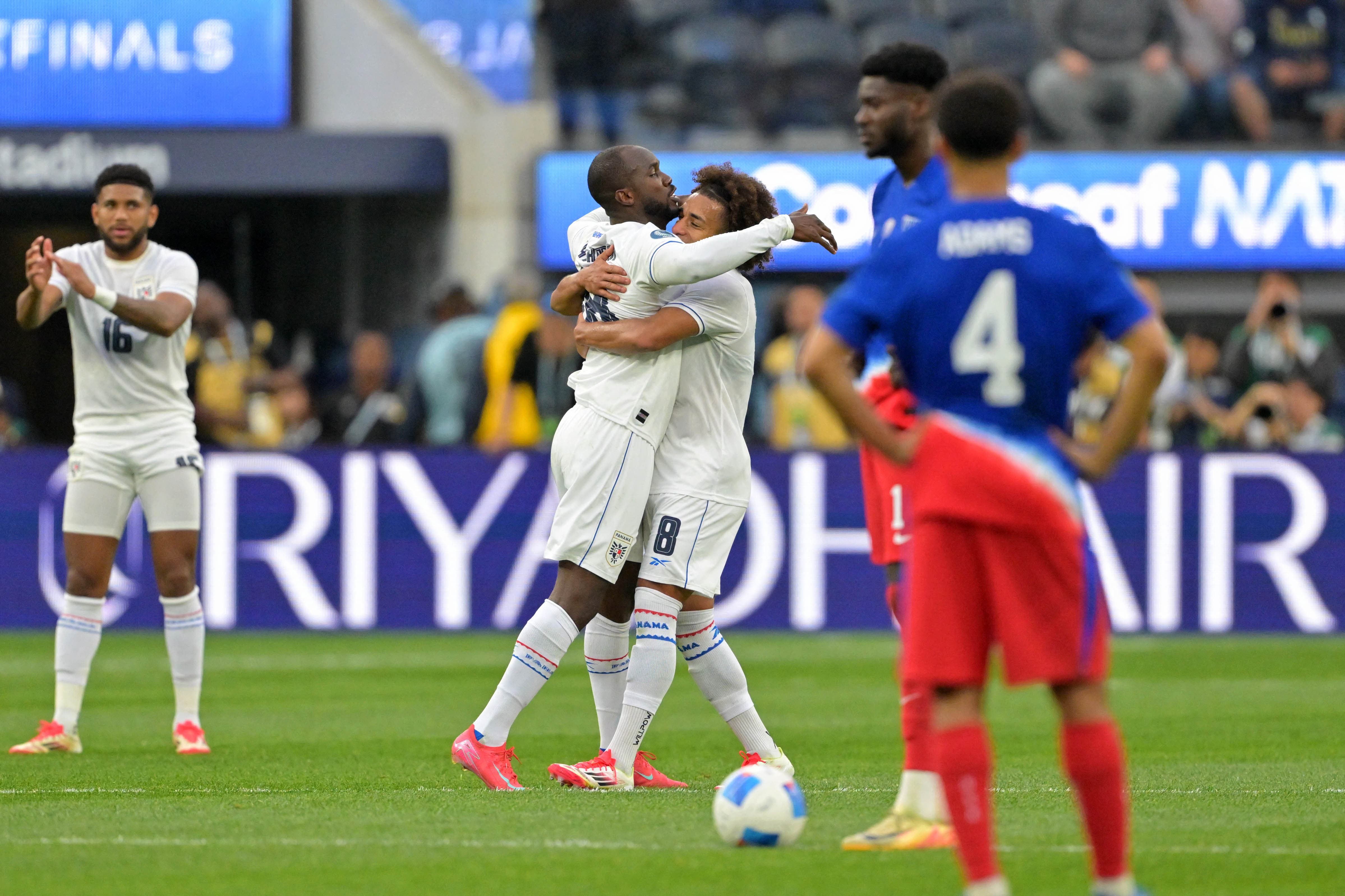 Mar 20, 2025; Inglewood, California, USA; Panama forward Cecilio Waterman (18) celebrates with midfielder Adalberto Carrasquilla (8) after he scored a goal against the United States of America during the second half of a Concacaf Nations League semifinal match at SoFi Stadium. Mandatory Credit: Jayne Kamin-Oncea-Imagn Images