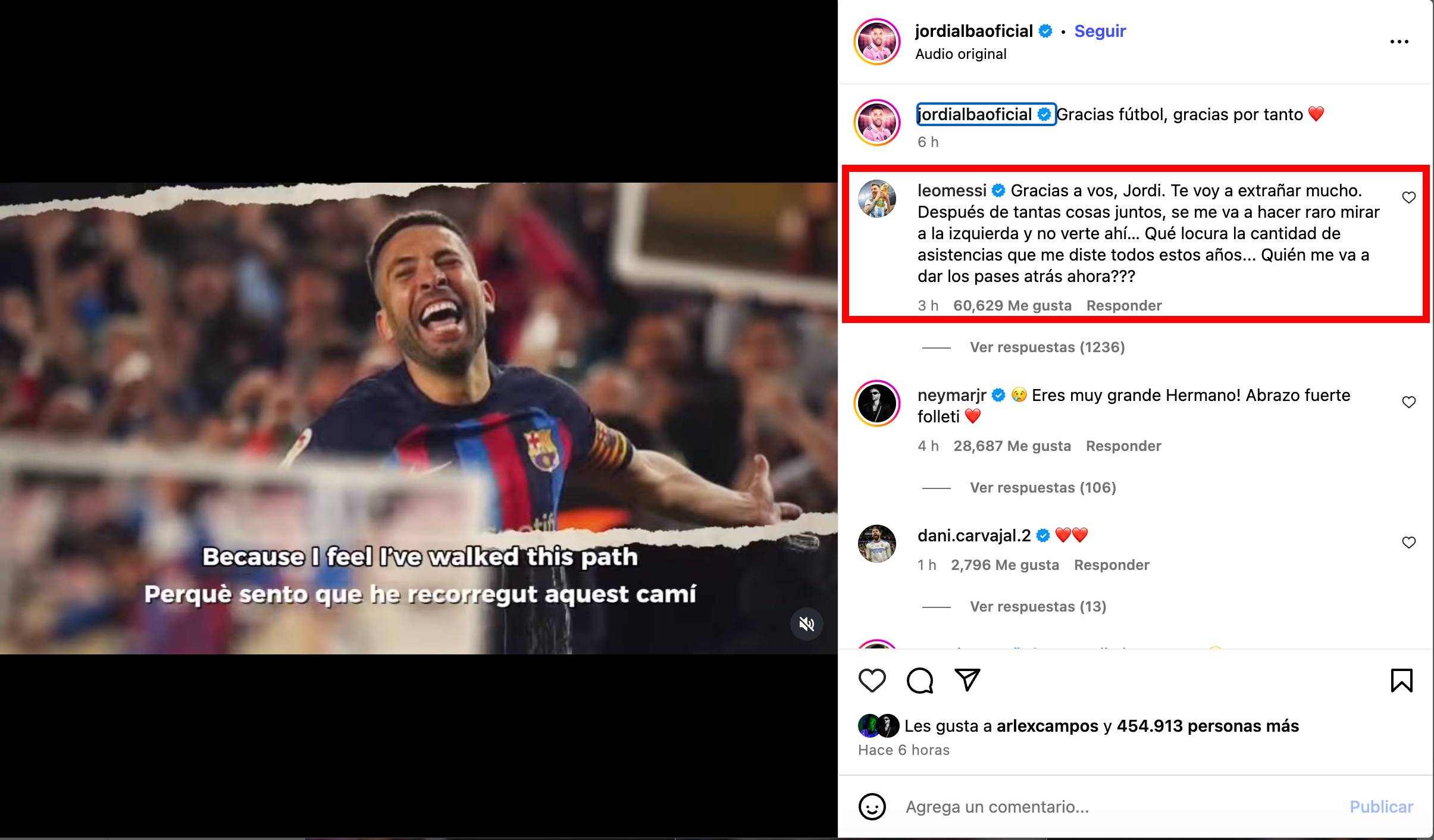 Heart felt message from Lionel Messi to Jordi Alba after he announced his retirement.