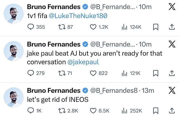 Bruno Fernandes’ X account was hacked following Manchester United’s FA Cup loss, posting bizarre and offensive messages.