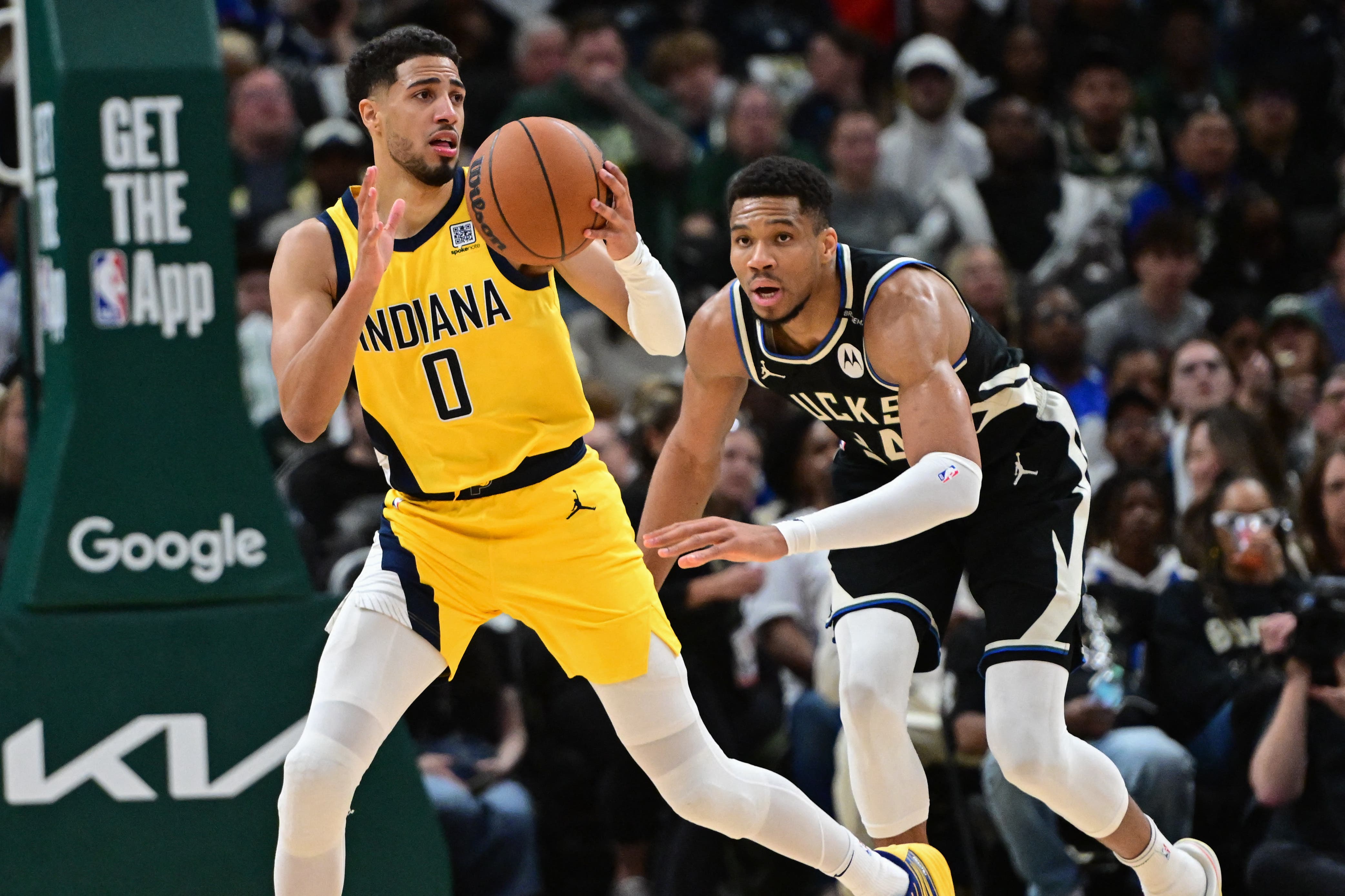 Tyrese Haliburton and Giannis Antetokounmpo playing against each others in the 2025 NBA playoffs.