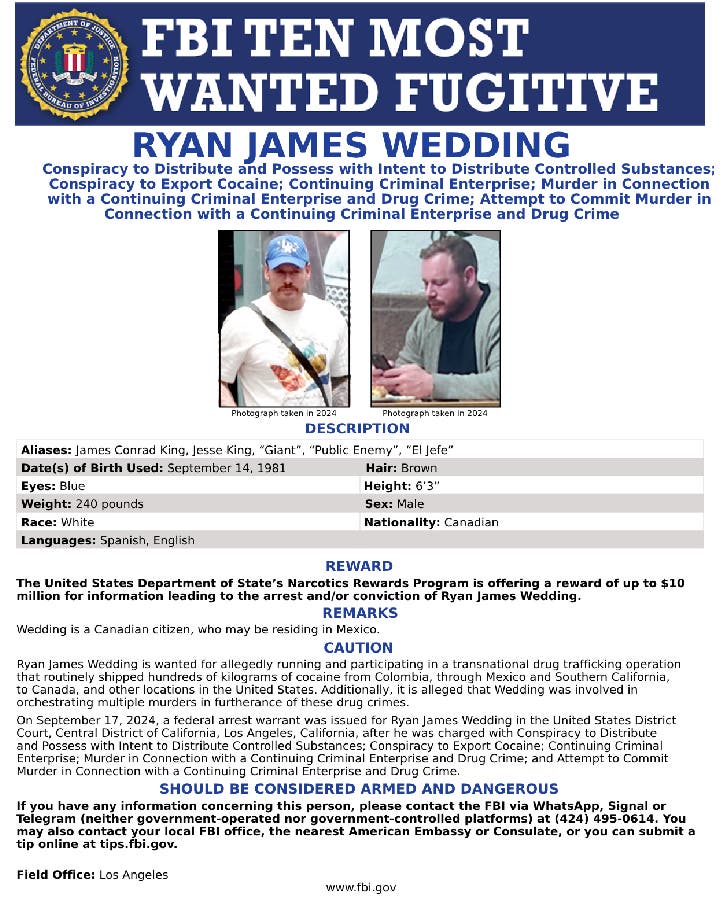 FBI Ten Most Wanted poster for Ryan James Wedding.