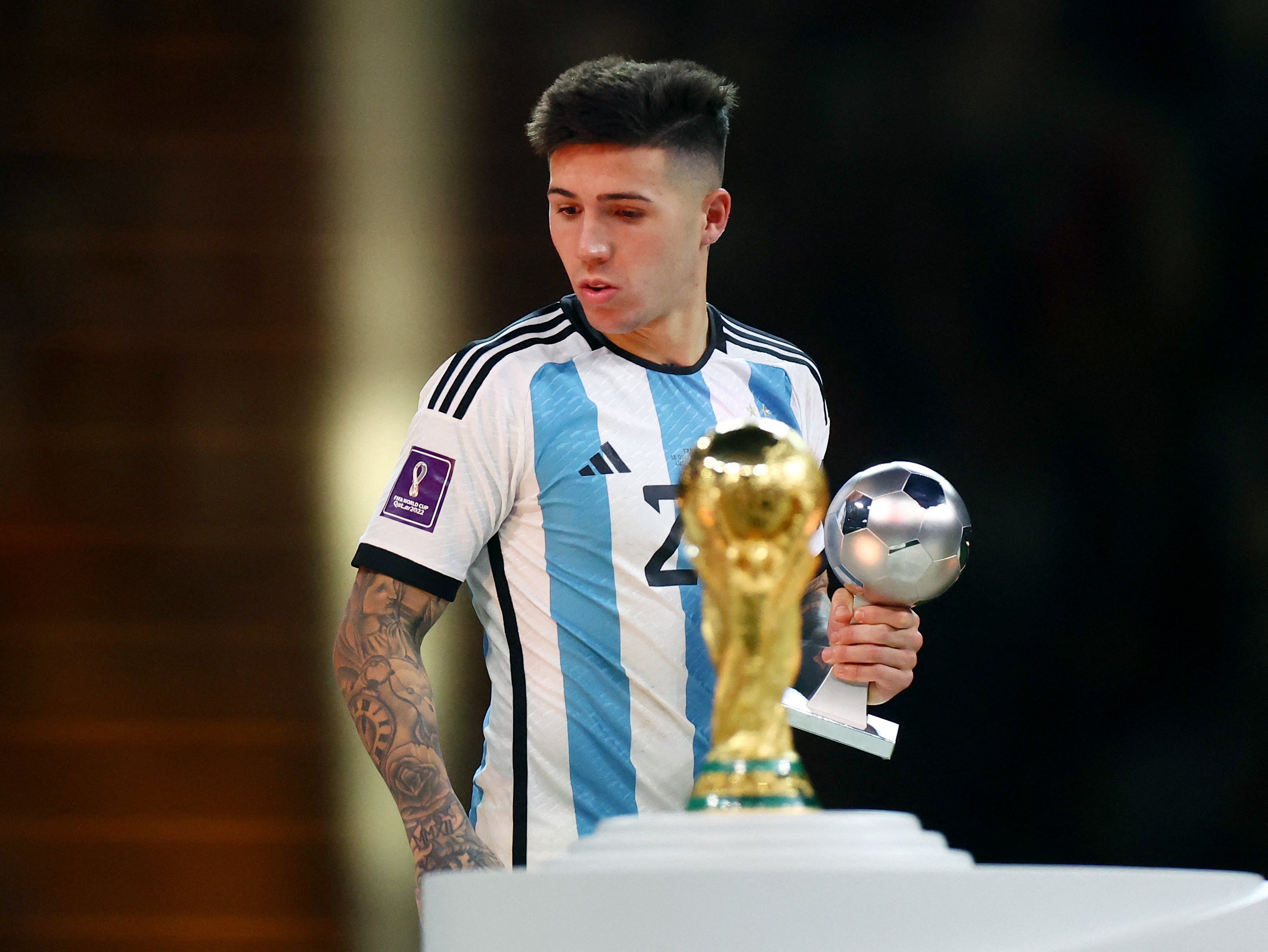Argentina's Enzo Fernandez after he is awarded the young player award during the trophy ceremony
