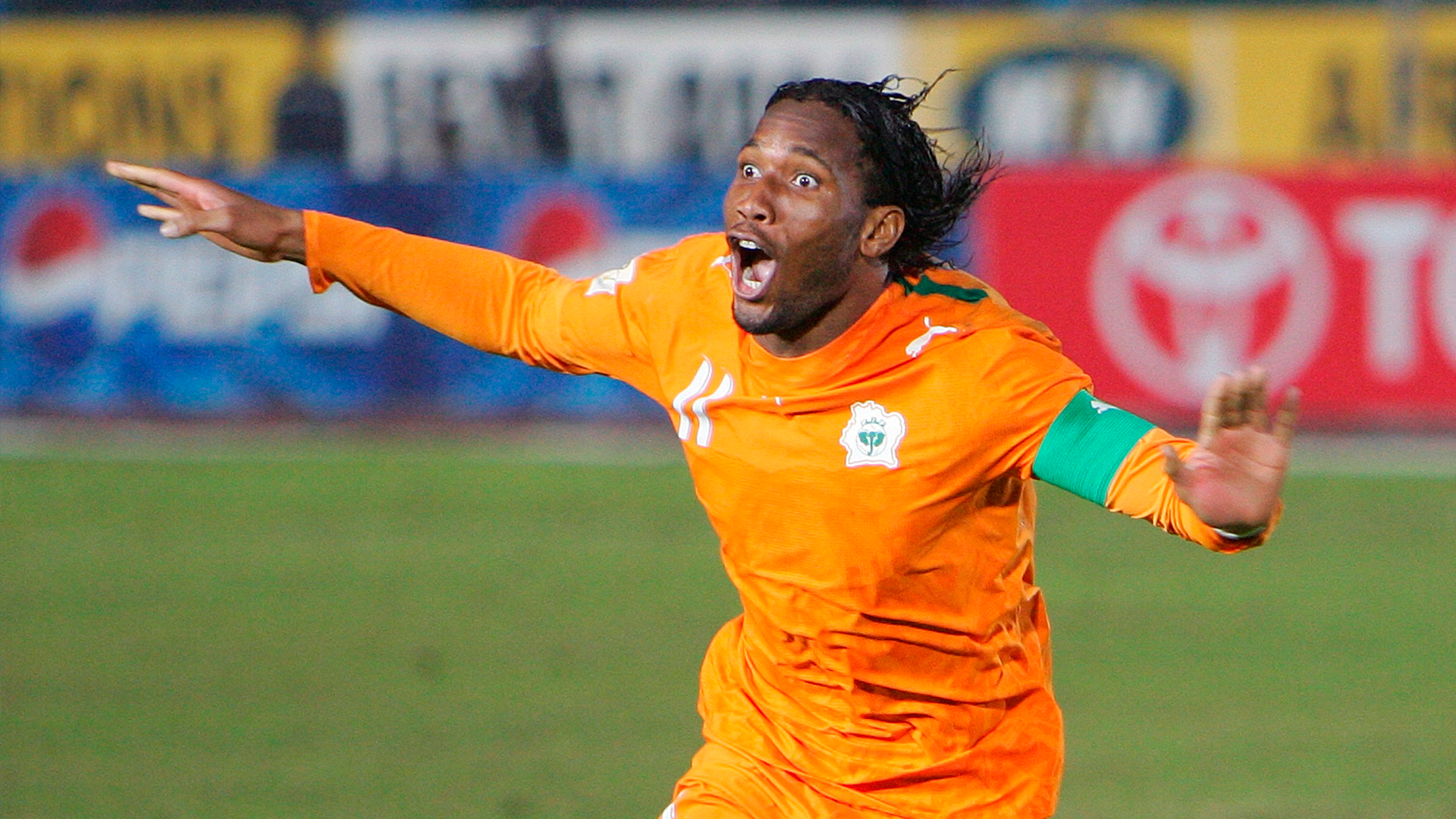 Didier Drogba celebrates a goal during a match with Ivory Coast National Team.