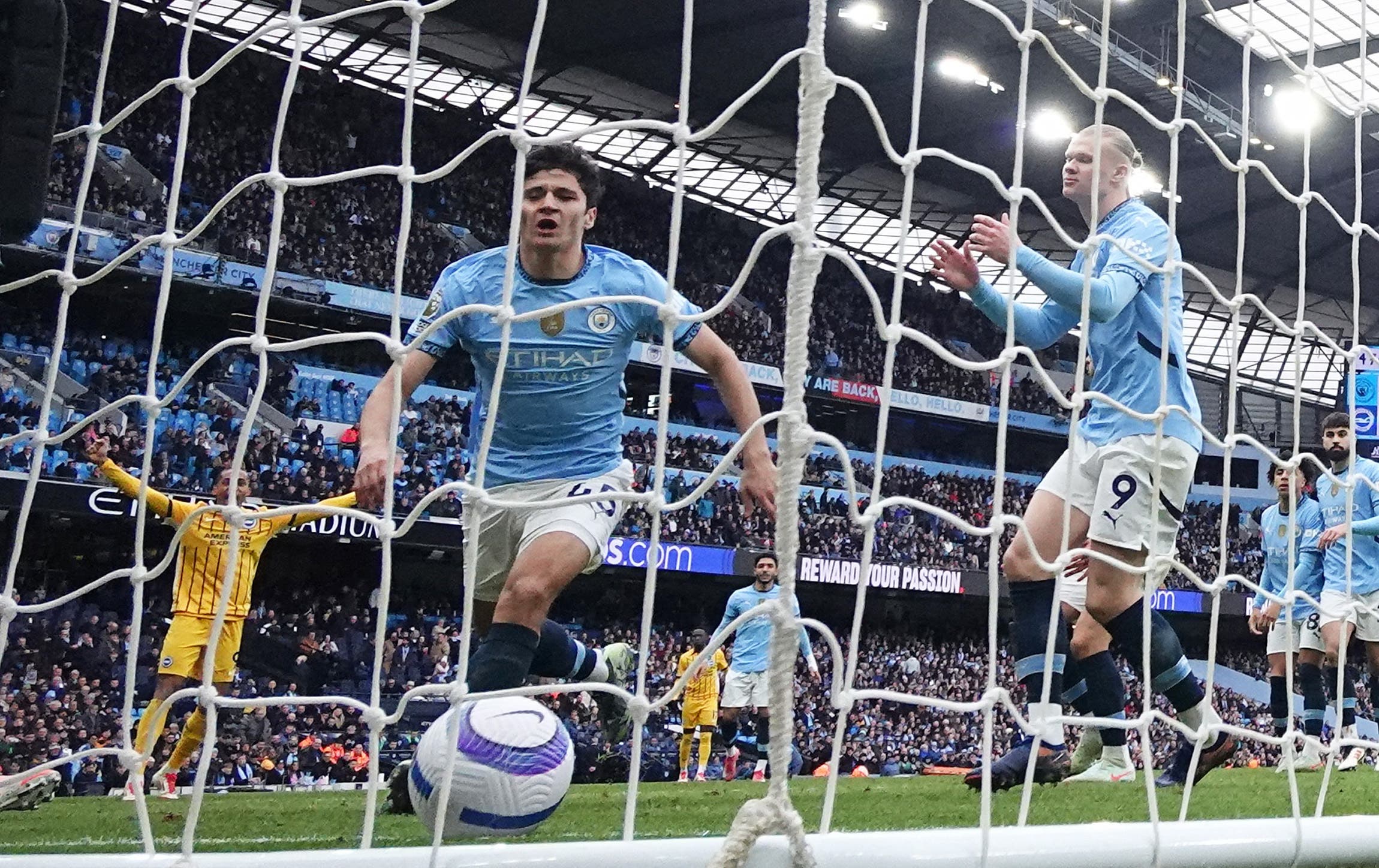 Soccer Football - Premier League - Manchester City v Brighton & Hove Albion - Etihad Stadium, Manchester, Britain - March 15, 2025 Manchester City's Abdukodir Khusanov scores an own goal and the second goal for Brighton & Hove Albion Action Images via Reuters/Lee Smith 