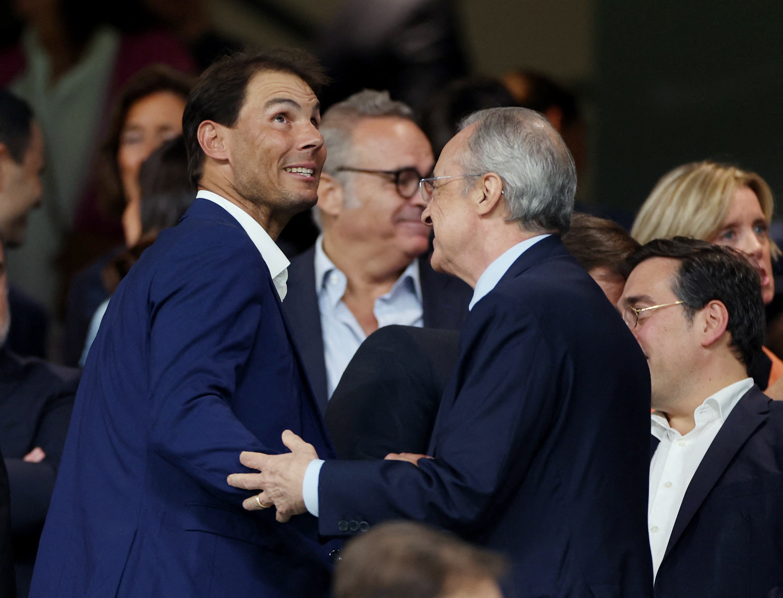 Soccer Football - LaLiga - Real Madrid v Real Sociedad - Santiago Bernabeu, Madrid, Spain - September 17, 2023 Tennis player Rafael Nadal and Real Madrid president Florentino Perez in the stands REUTERS/Isabel Infantes